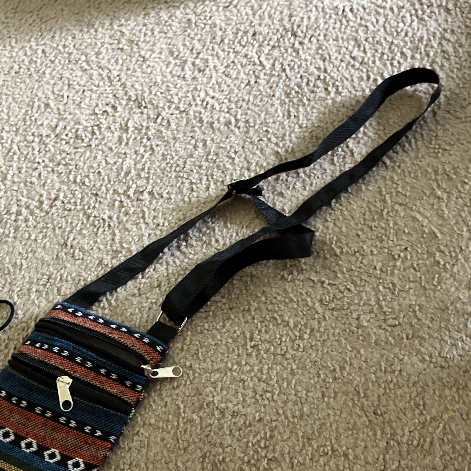 Geometric Striped Multicolor/Black Crossbody Bag Zip Closure Adjustable Strap