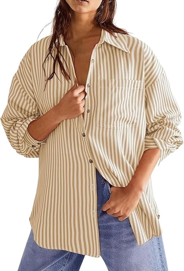 Women’s Dressy Striped Button Up Shirts Collared Long Sleeve Blouse Casual