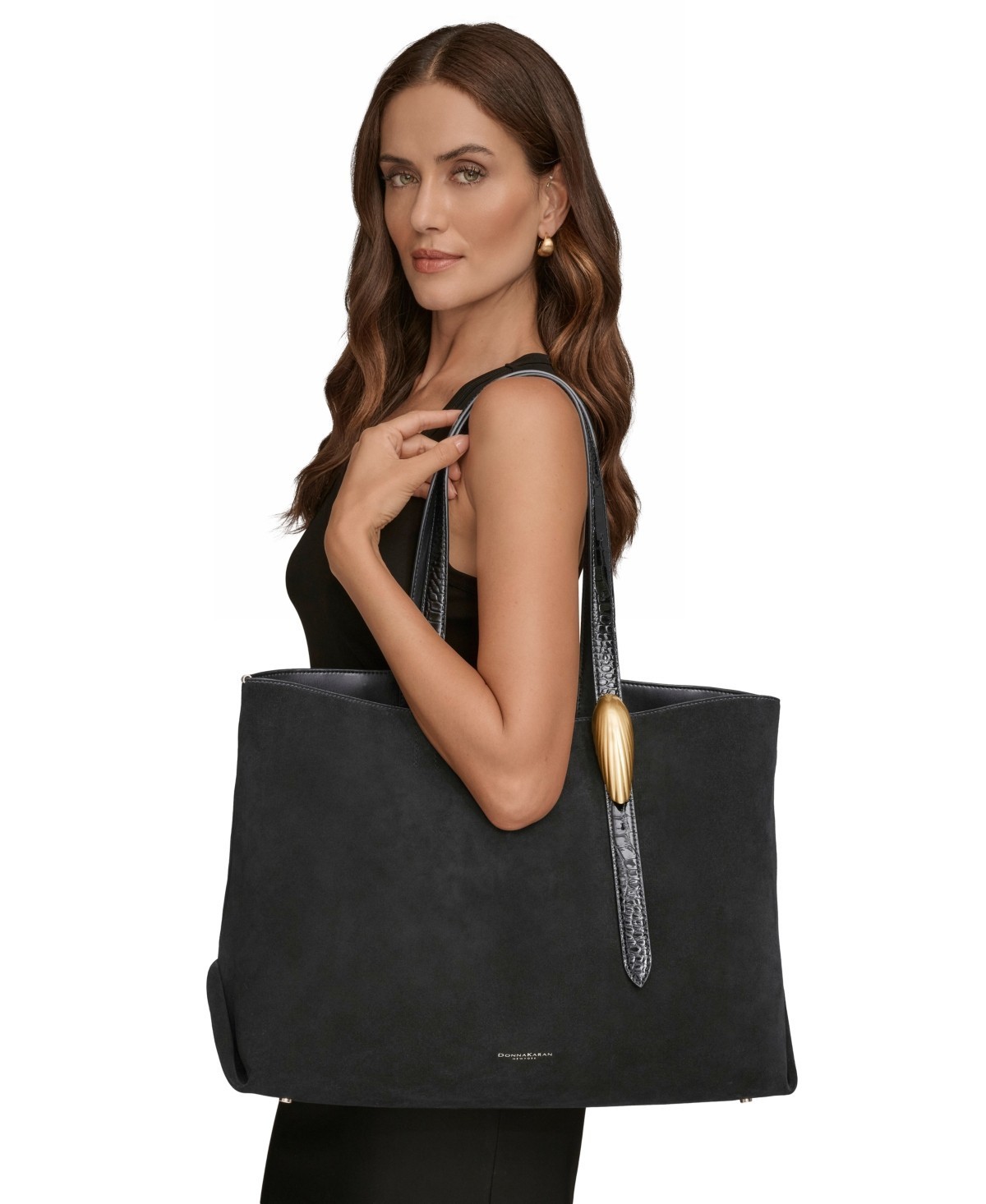 Donna Karan N Y Women’s Georgette Extra Large Suede Shoulder Tote Bag Black Gold