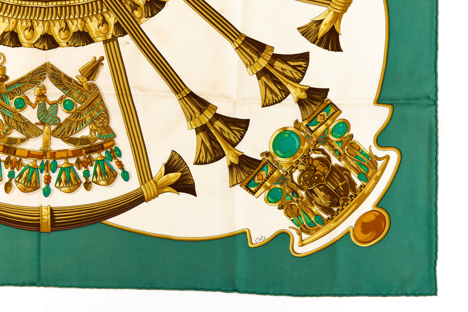 Hermes Silk Scarf Carre 90 “Scarab, Egypt” Green Silk Scarf us duty free