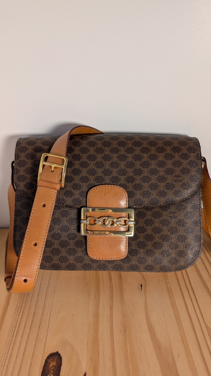 Authentic Vintage CELINE Macadam Crossbody/ Shoulder Bag Statement Gold Hardware