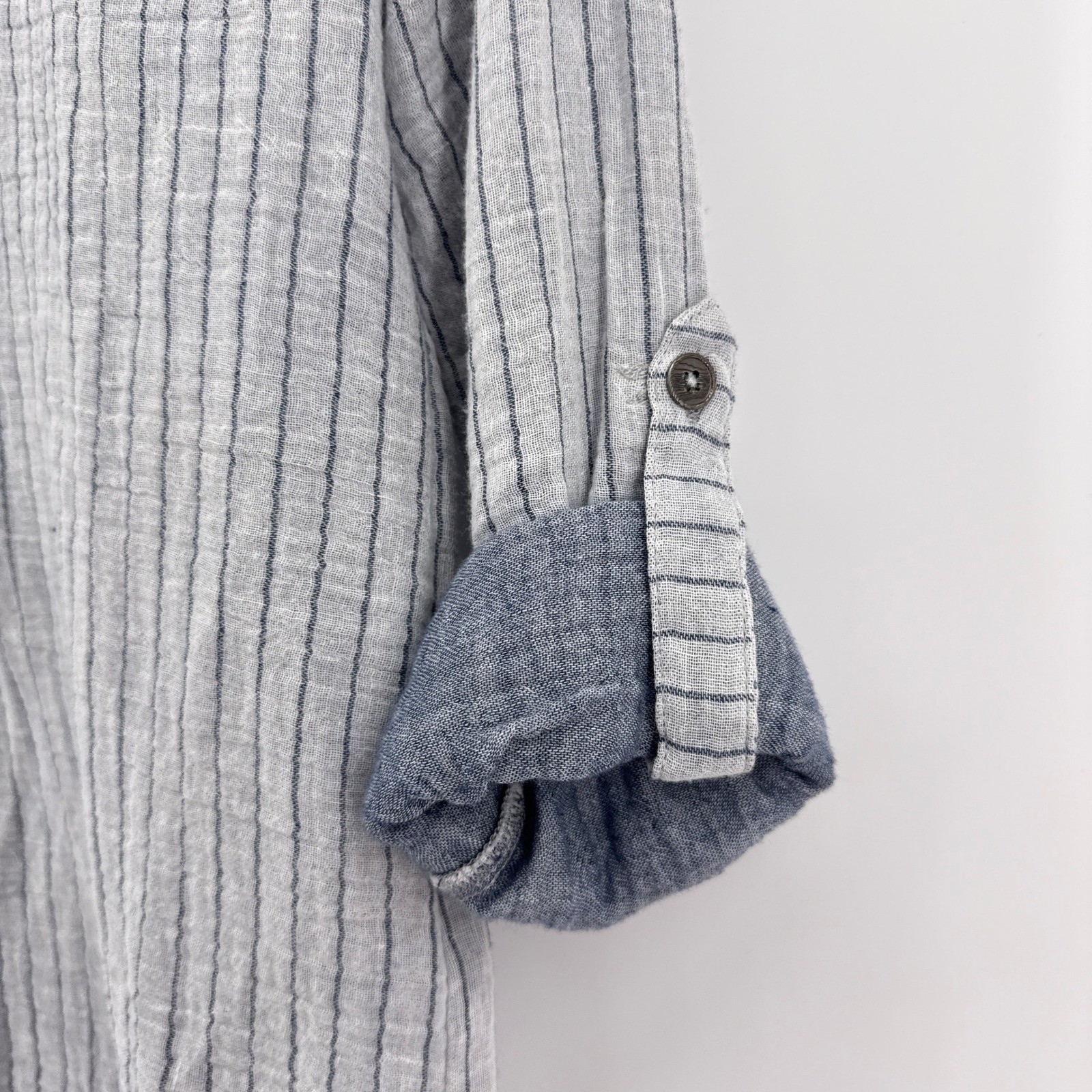 DEAR JOHN Womens Gauzy Striped Button Down Shirt Small Roll Tab Sleeve Raw Hem