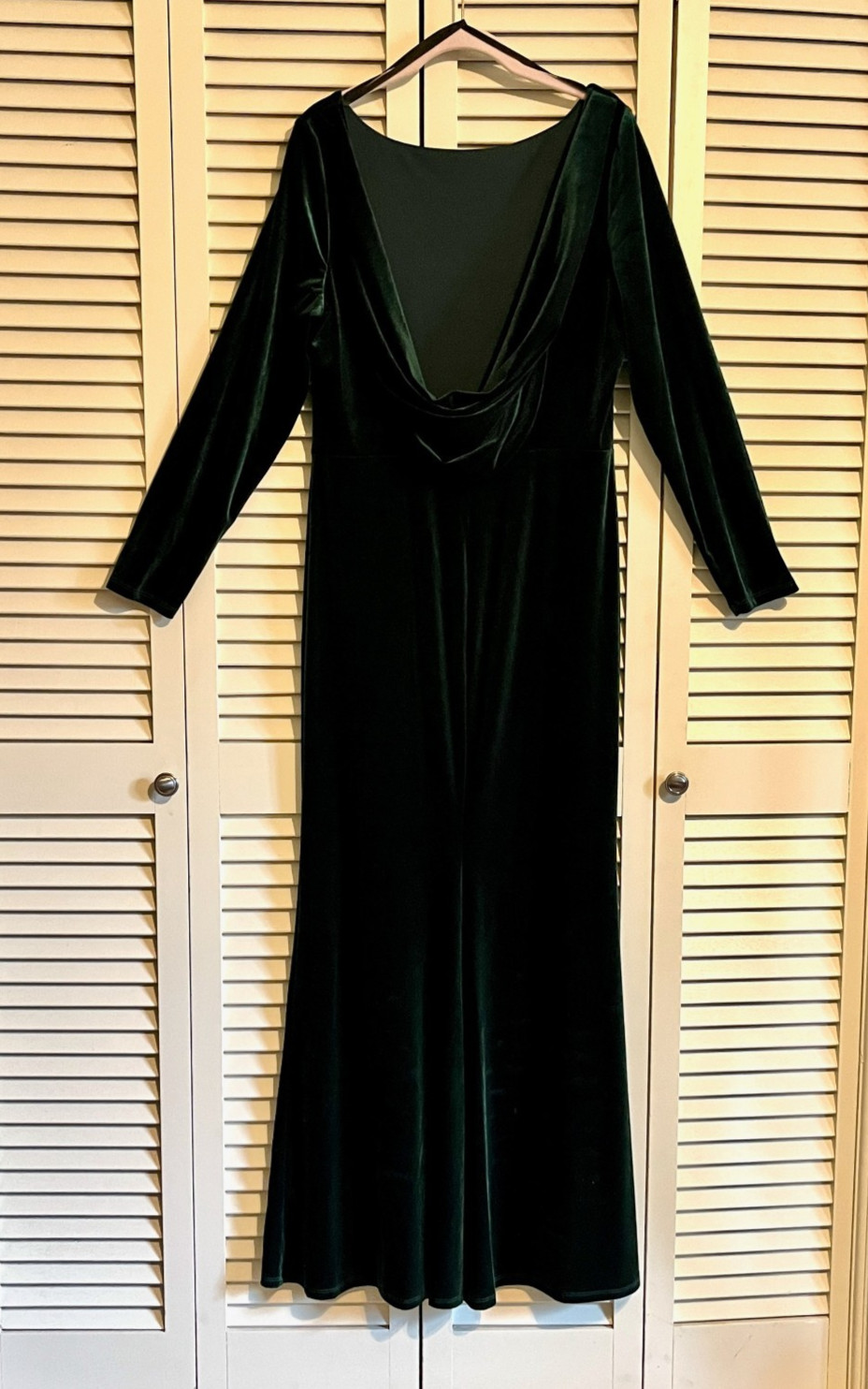 Rebecca B Velvet Long Sleeve Low Cowl Back Maxi Dress Gown * Sz 14 * Deep Green