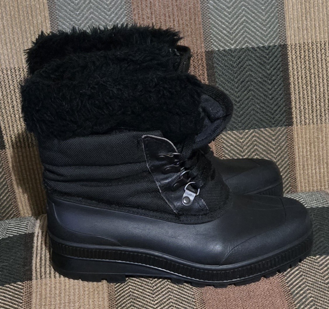 Vintage SOREL Kaufman Black Nylon & Rubber Winter Boots Faux Fur Trim Canada 6