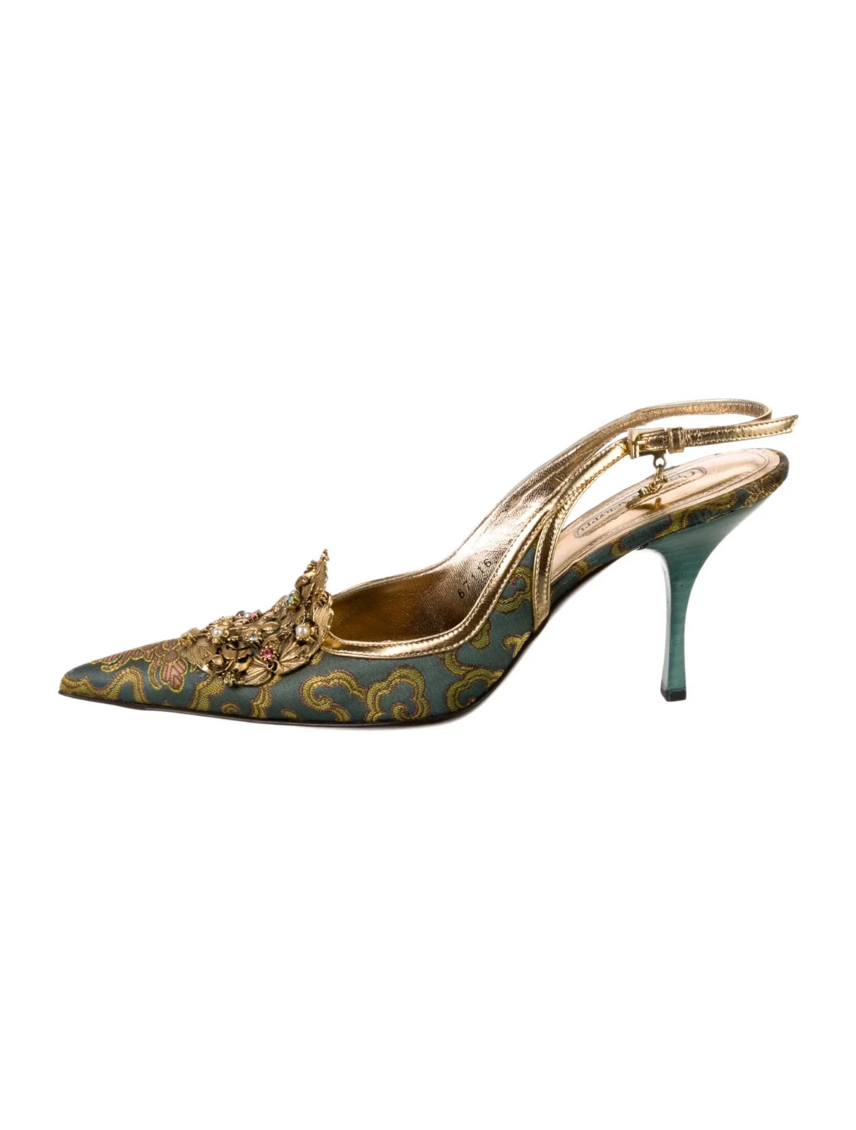 CESARE PACIOTTI Gold & Green Extensive Jeweled Pumps Size 8.5 IT 38.5 Excellent