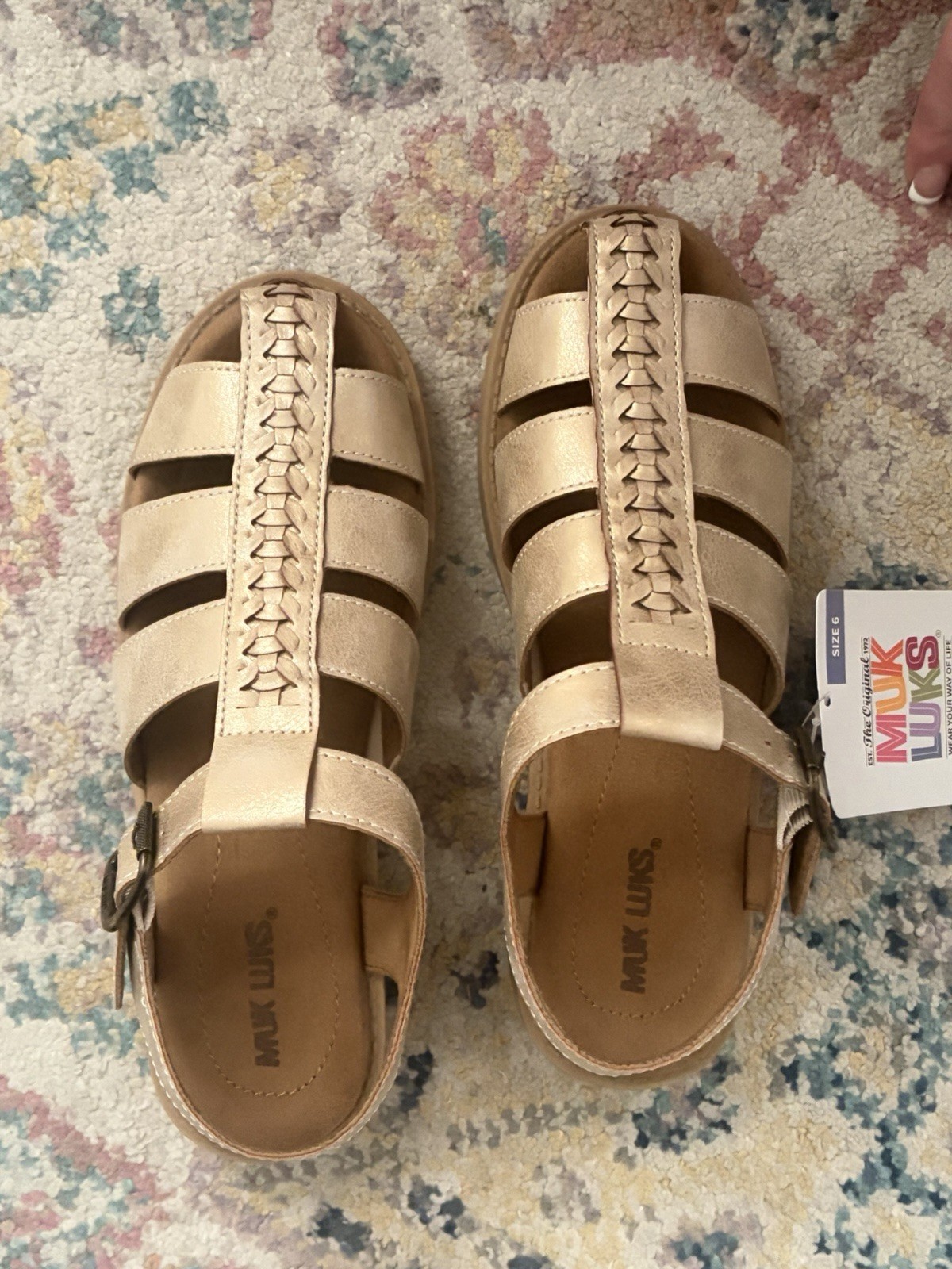 Muk Luks Women’s Strappy Sandals Braided Ankle Strap Buckle Gold Size 6