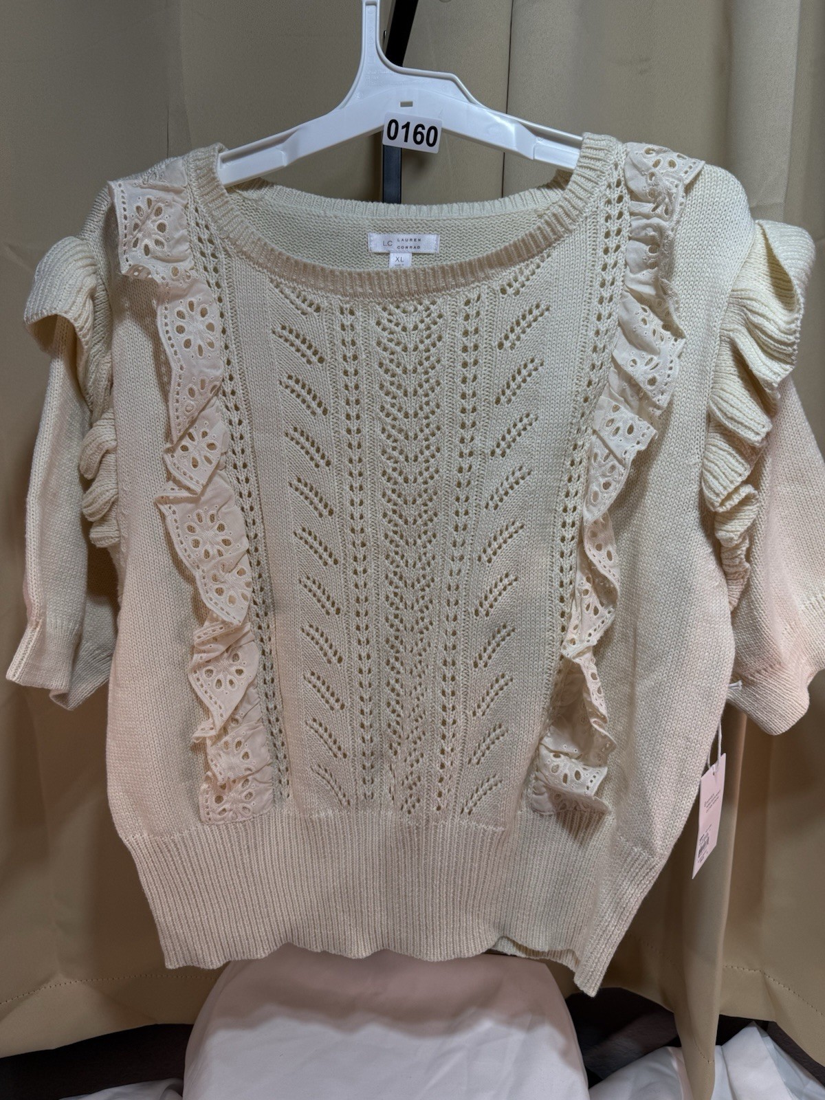 LC Lauren Conrad Women’s Ivory Knit Crew Neck Ruffle 3/4 Puff Sleeve XL