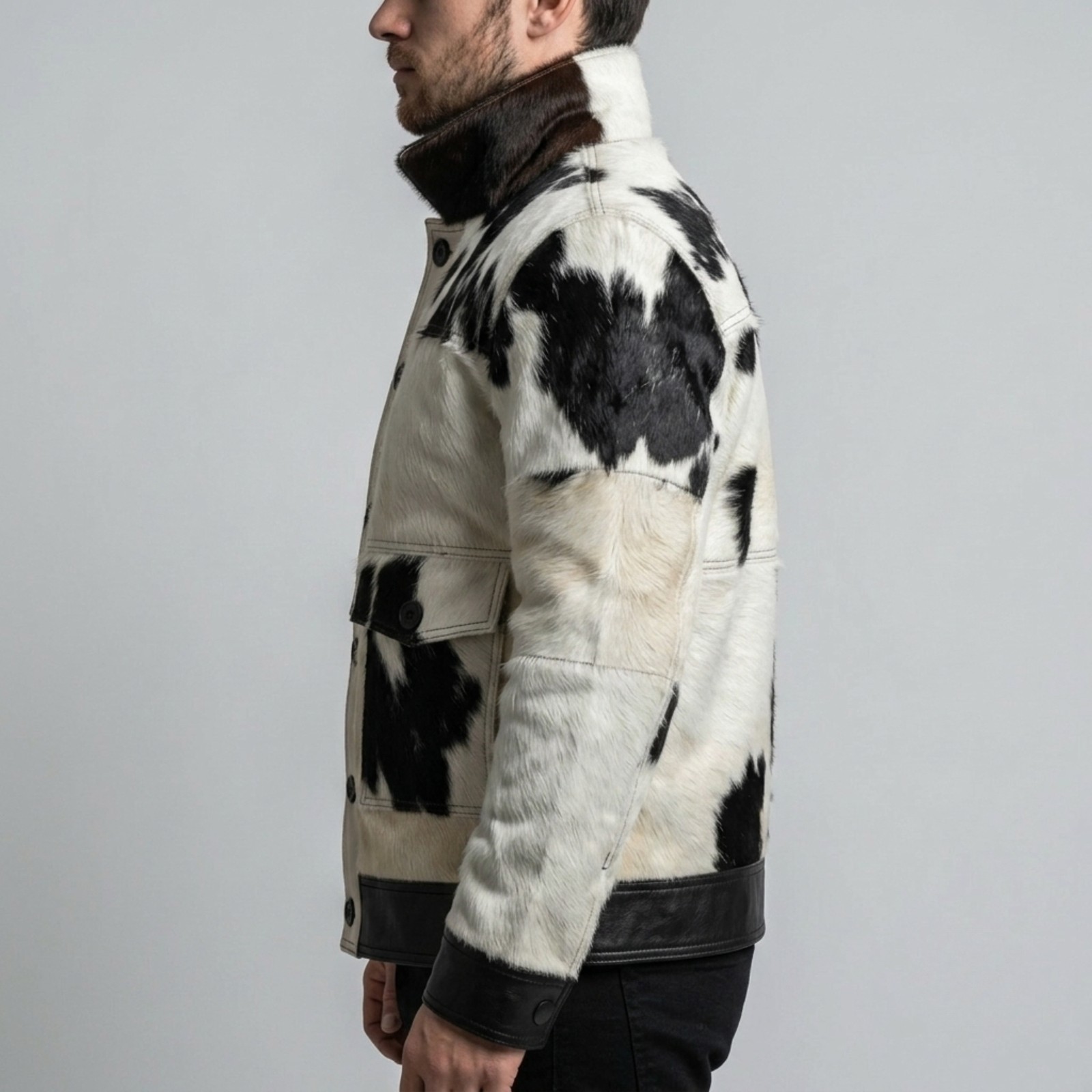 Men’s Black White Cowhide Leather Jacket Hair On Hide Western Bomber Jacket Pony
