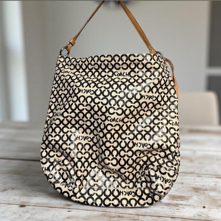 Coach Op Art ‘Leah’ Coated Canvas Hobo Black Off-White Natural Leather Trim Bag