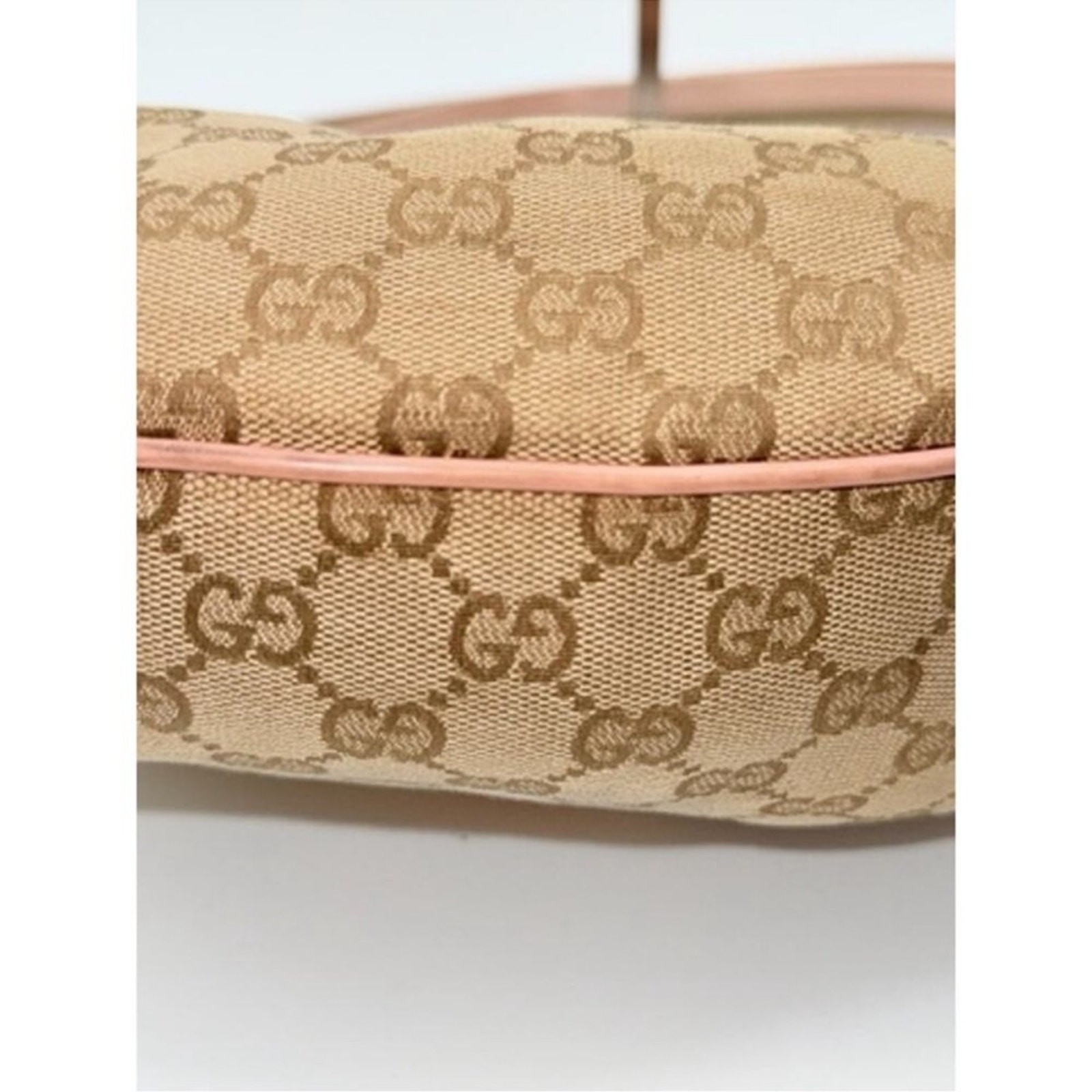 Gucci Monogram Web Medium Half Moon pastel Accents Canvas W/Leather trim.