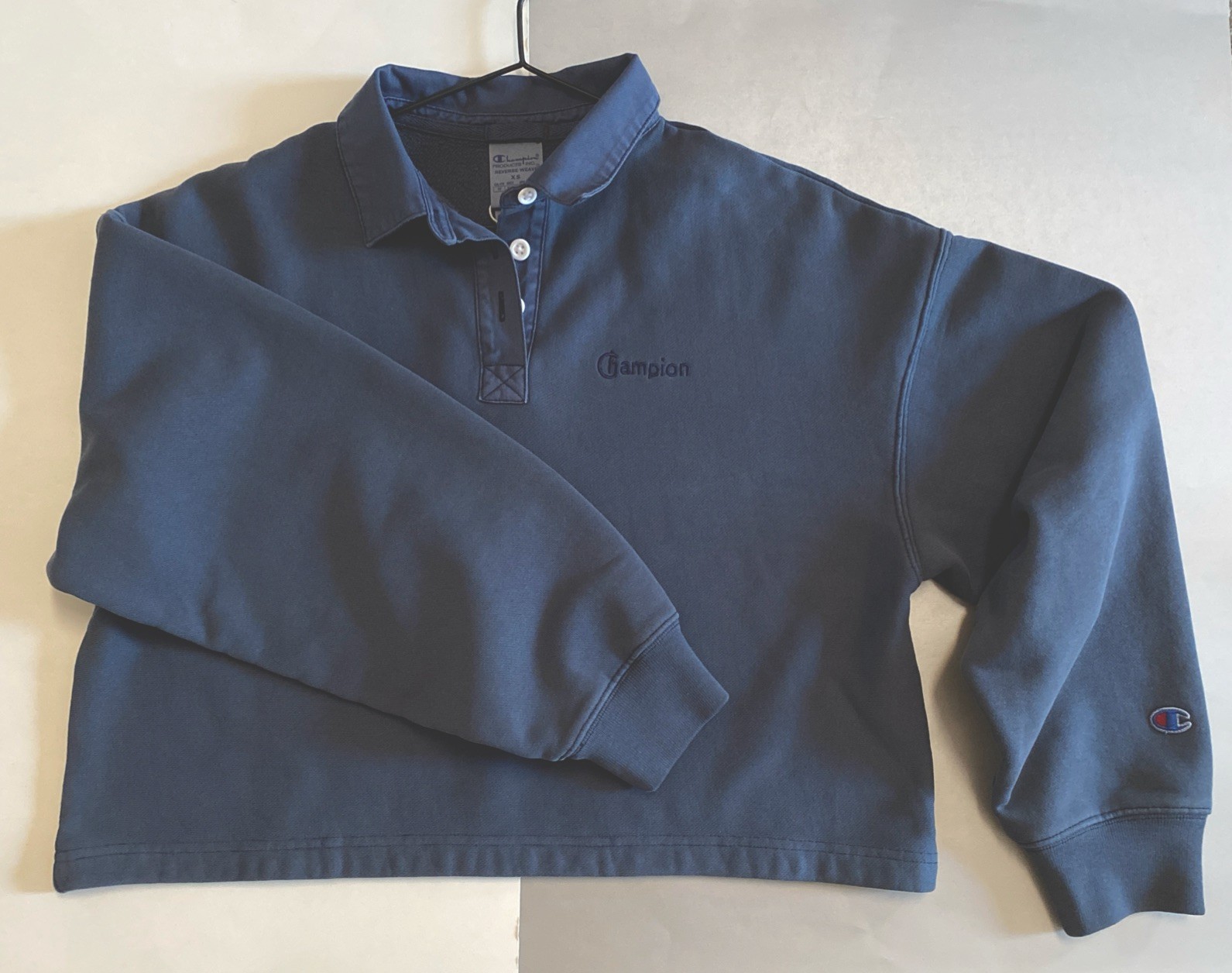 CHAMPION Blue Collared Crop Top Polo Shirt Long Sleeve Preppy Oversized size XS