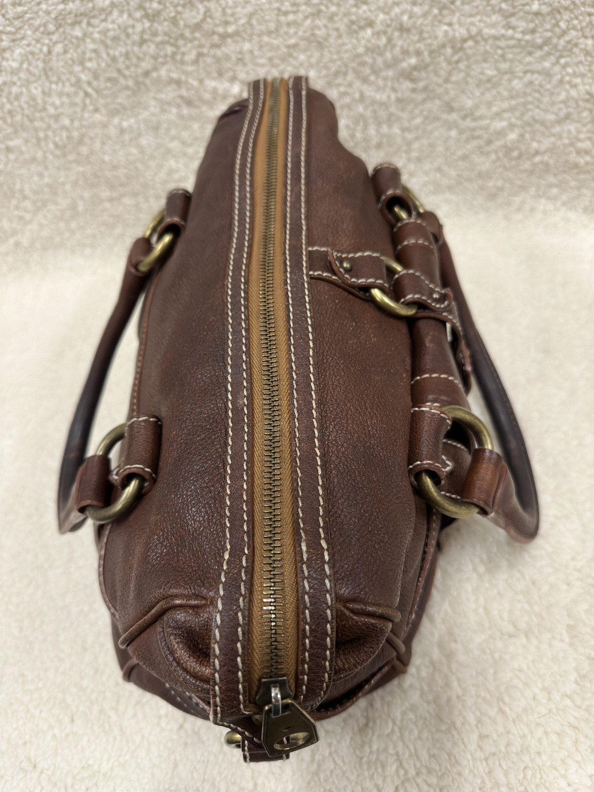 Celine Brown Leather Handbag Handle Purse Satchel Horse Buggy Logo Dust Bag Tags