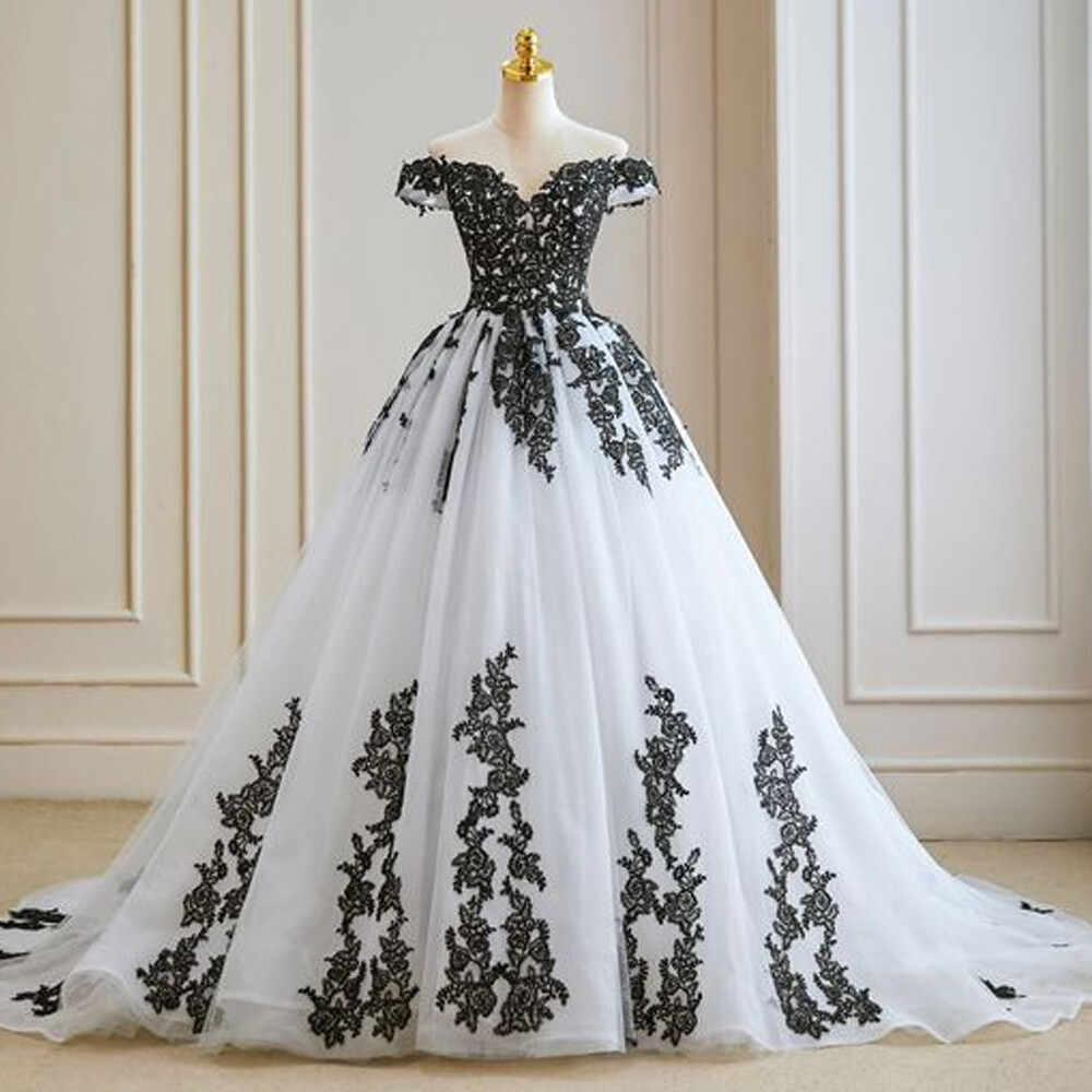 Black and White Wedding Dress Off Shoulder Lace A Line Lace Applique Bridal Gown