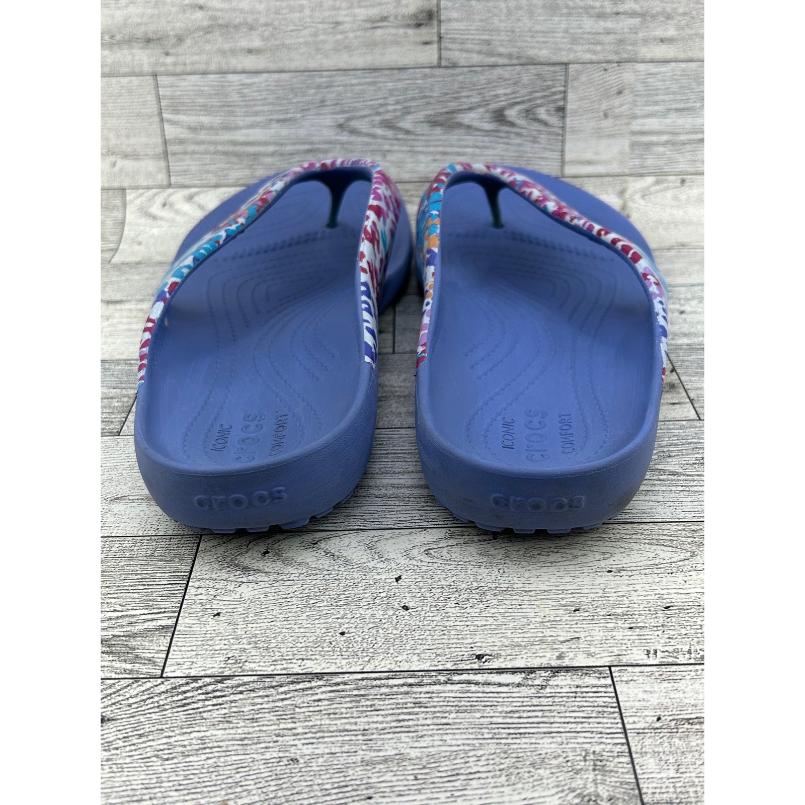Crocs Kadee II Flip Flops Women Size 10 Blue Multi Color Leopard Print Sandals