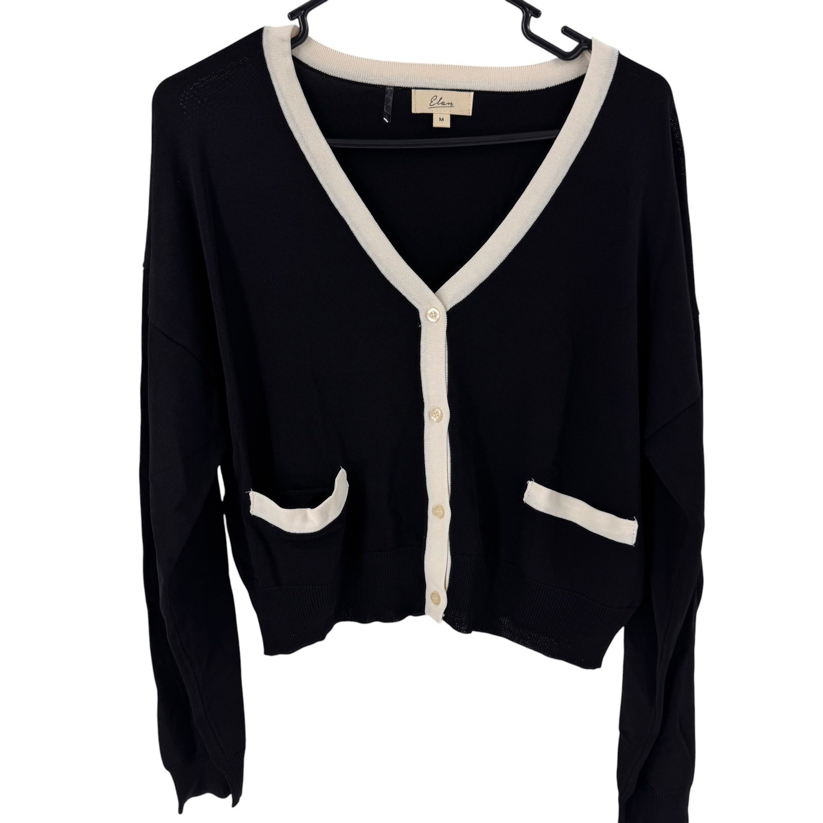 Elan Womens Black Ivory Contrast Trim V-Neck Button Cardigan Sweater Medium