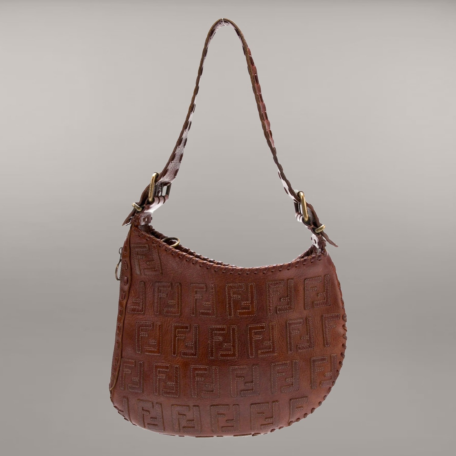 FENDI Logo SIgnature Leather Oyster Shoulder Bag Hobo Y2K Cognac whipstitch