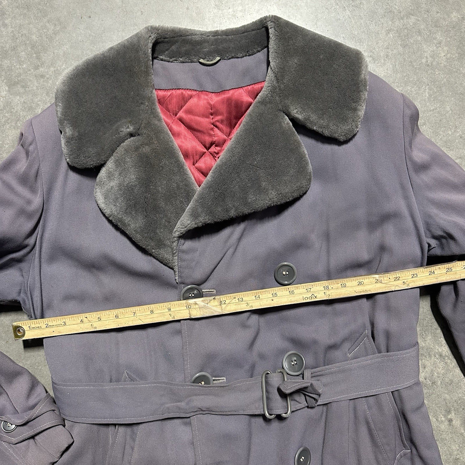 VTG 40s/50s Gabardine Double Breasted Fur Collar Long Coat Belted XL Rockabilly