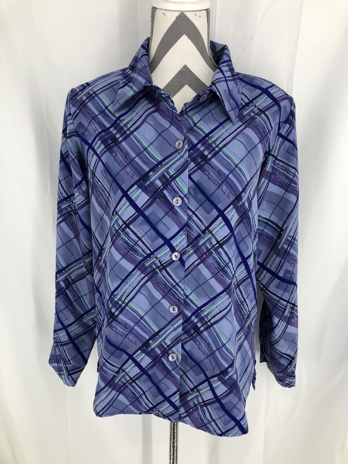 Susan Graver Style Button Up Shirt Top Purple Plaid Blouse Shoulder Pads Small