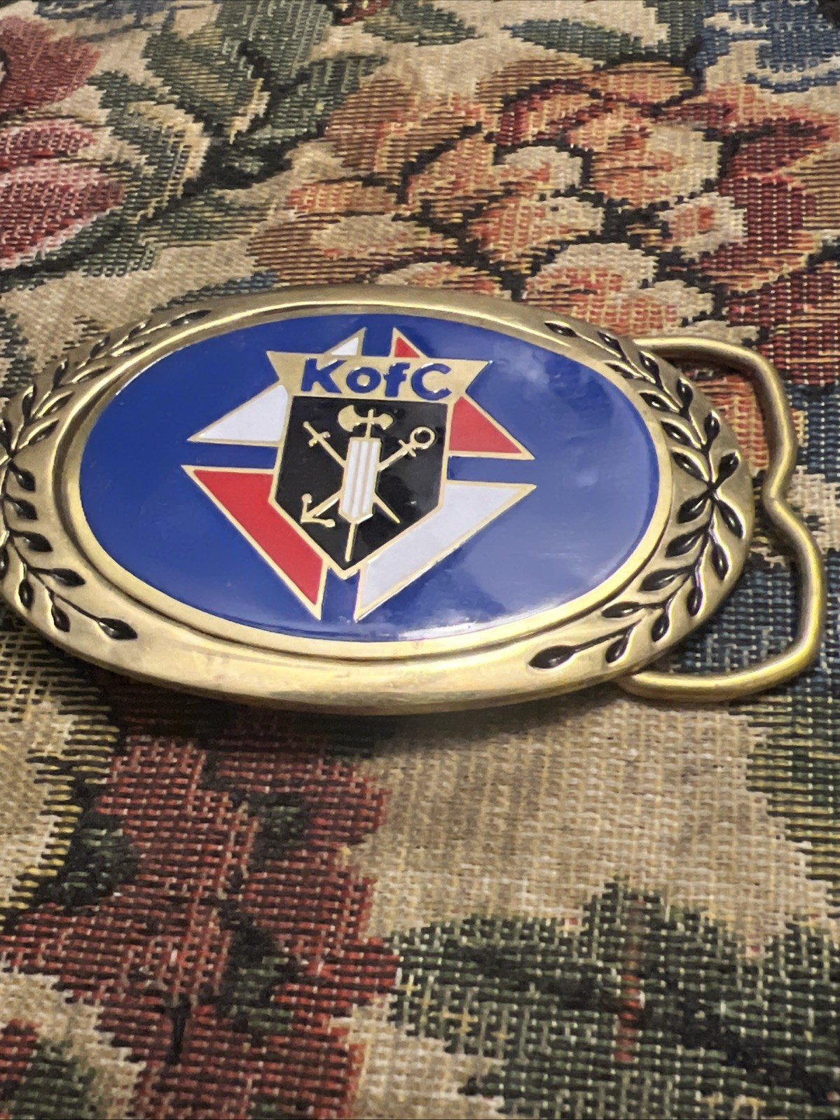 VTG Knights of Columbus K of C Solid Brass Blue Enamel Oval Belt Buckle Buck17