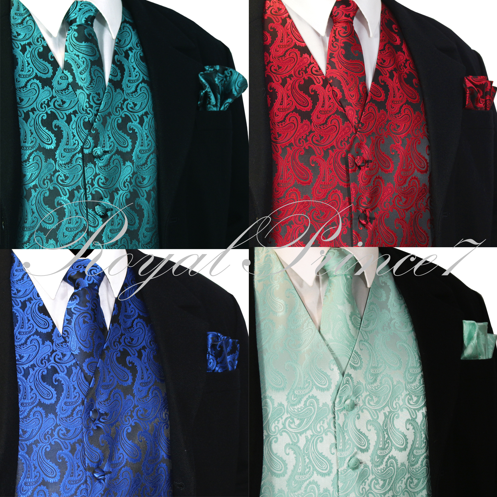 XS to 6XL Paisley Design Tuxedo Suit Dress Vest Waistcoat & Necktie Set 4 Colors