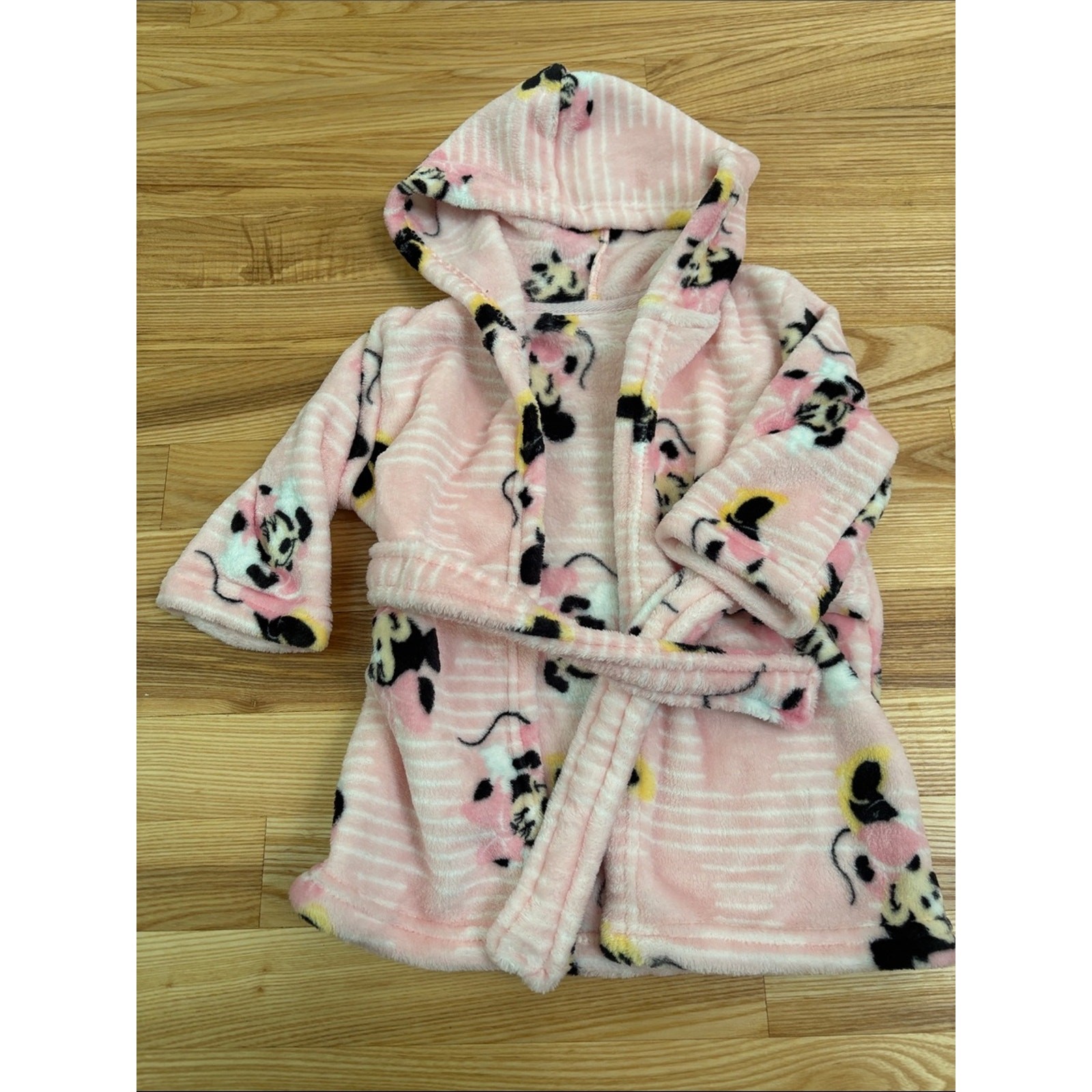 Disney Baby Pink Minnie Mouse Hooded Kids Plush Soft Fuzzy Bath Robe Sz 0-12m