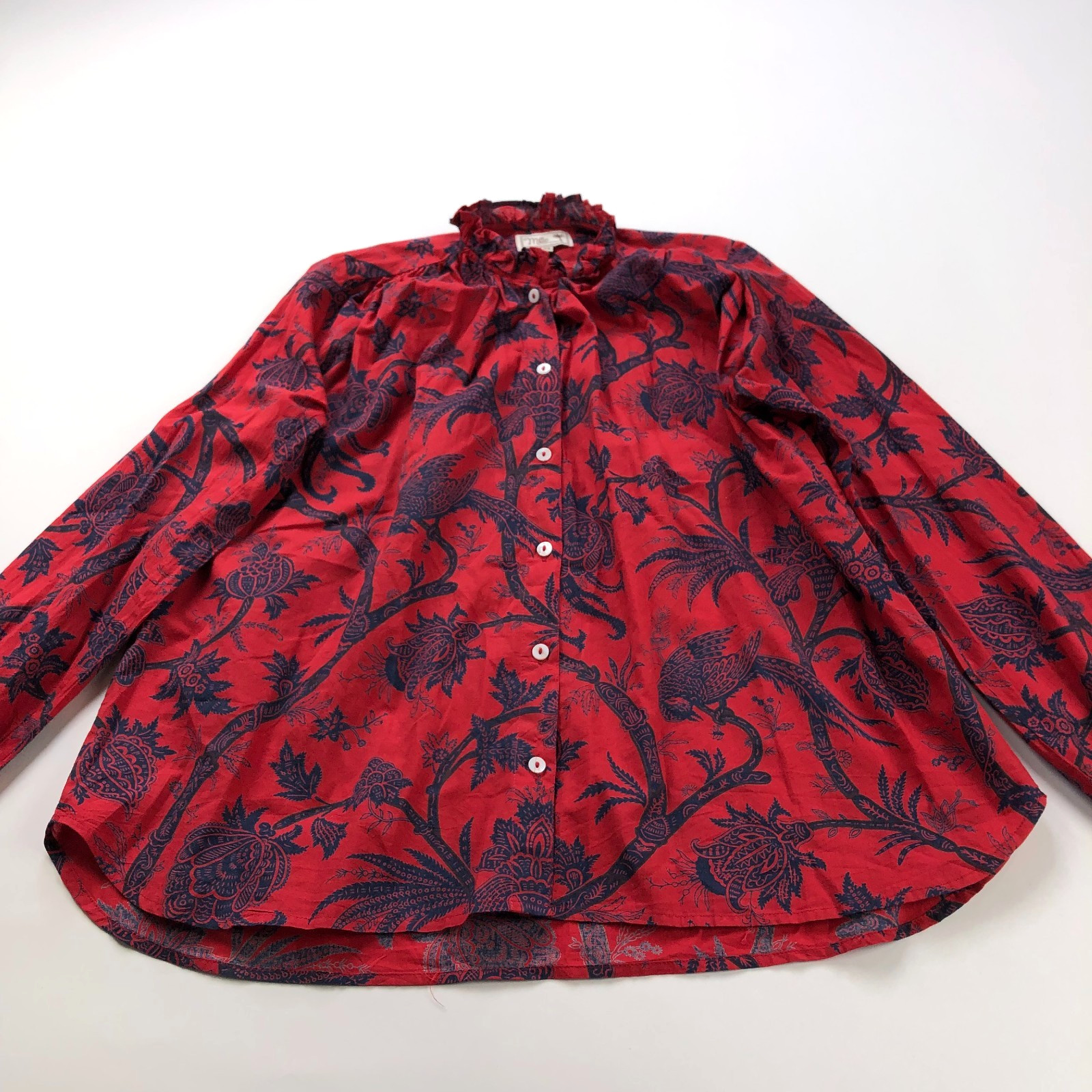 Mille Resort & Travel XS Ruffled Neck Button Long Sleeve Shirt Floral Red HRJ