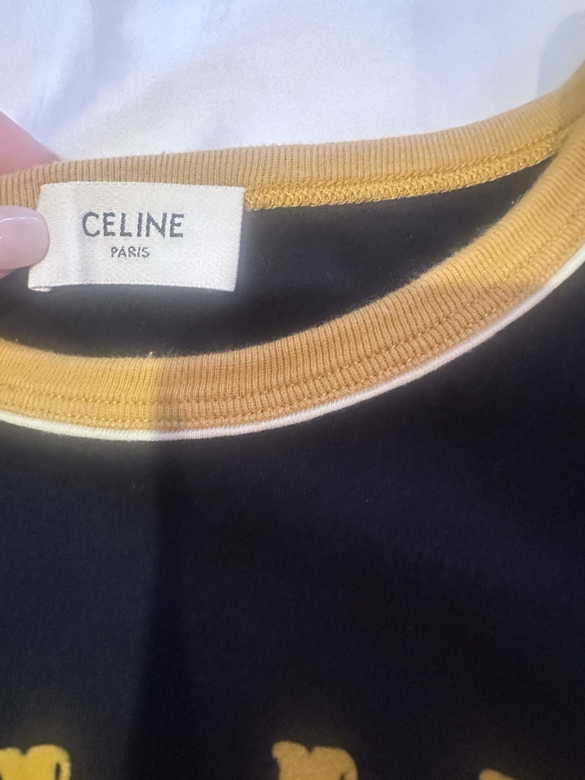 CELINE Women’s Black/Gold Logo Graphic Ringer Crew Neck T-Shirt Size S