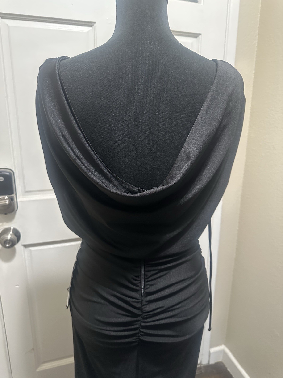 Alex & Sophia Black Solid Cowl Neck Ruched Draped Zip Maxi Dress Formal 5/6