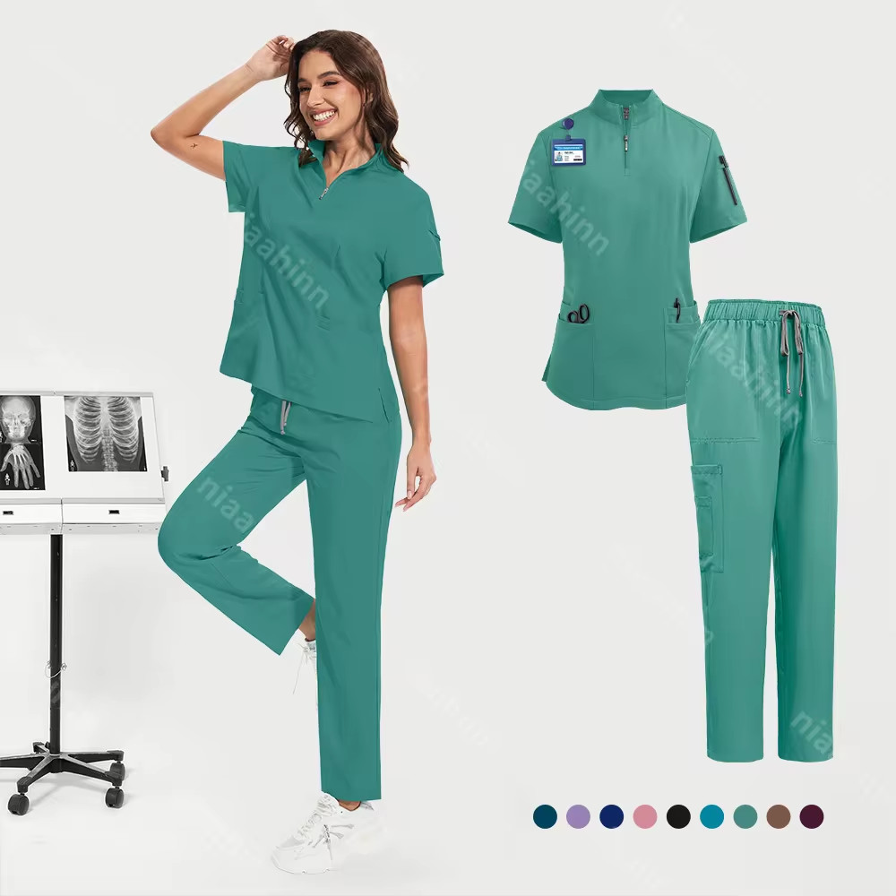 Medical Nursing Scrub Uniform Set Zipper-Tops Straight-Pants for Hospital Clinic