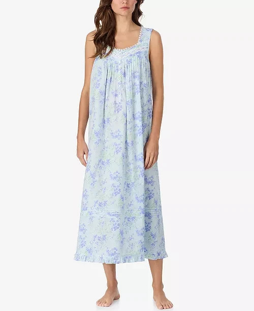 Eileen West Blue Multi Floral Sleeveless 100% Cotton Lawn Ballet Nightgown S