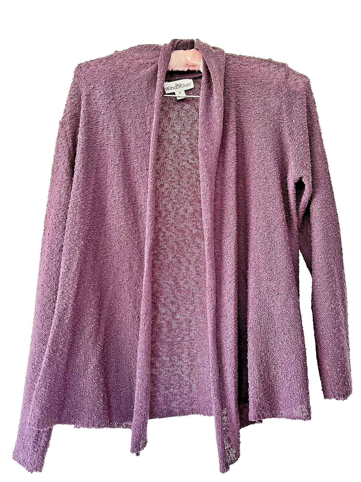 Windi River Purple Open‑Weave Draped Cardigan Size M Lightweight Knit 23” Long