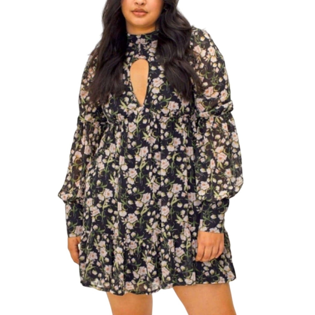 Nasty Gal Womens Floral Mini Dress Size 6 Balloon Sleeve Smock Keyhole Black