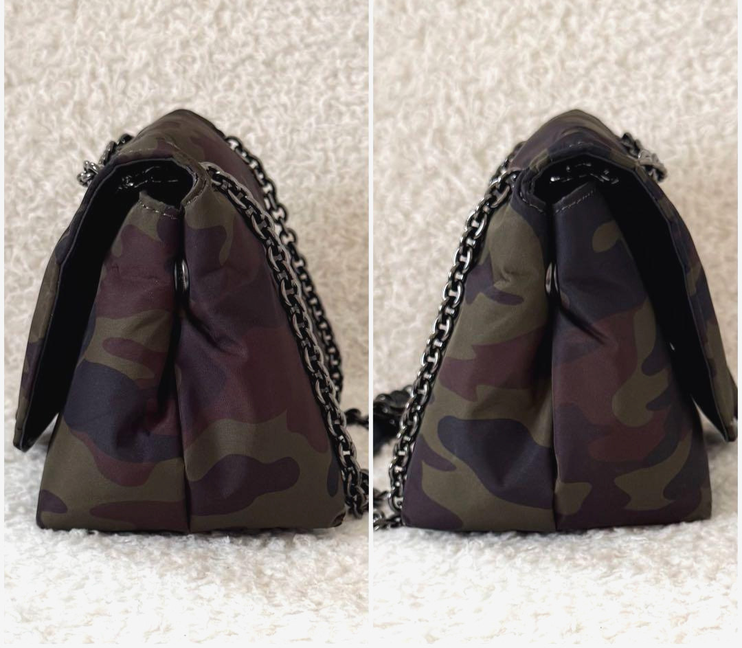 Longchamp Camouflage Nylon Chain Shoulder Bag Crossbody Green Black W 8.7in