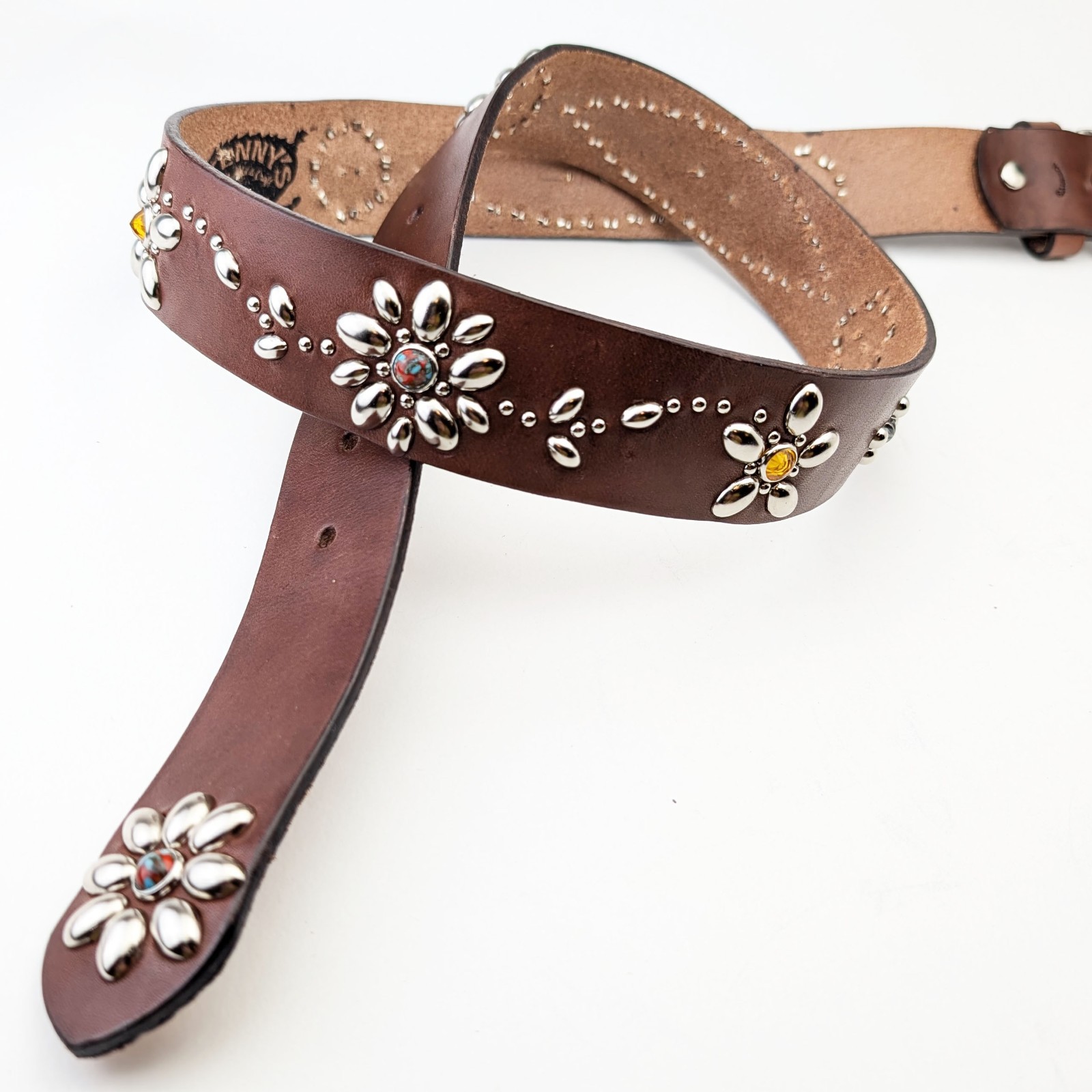 Handmade Dark Brown Leather Studded Biker Belt Vintage Western Style Japan