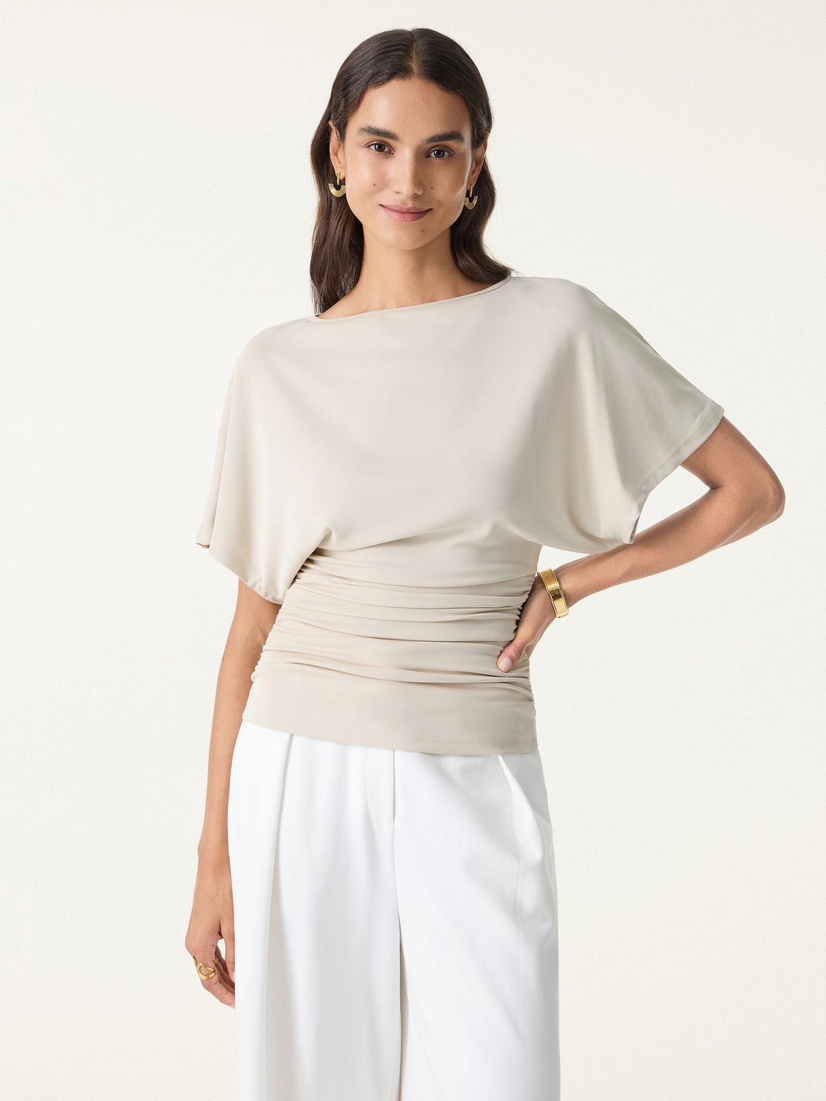 Effortless Boatneck Batwing Sleeve Side Ruched Top-OGLmove|118604