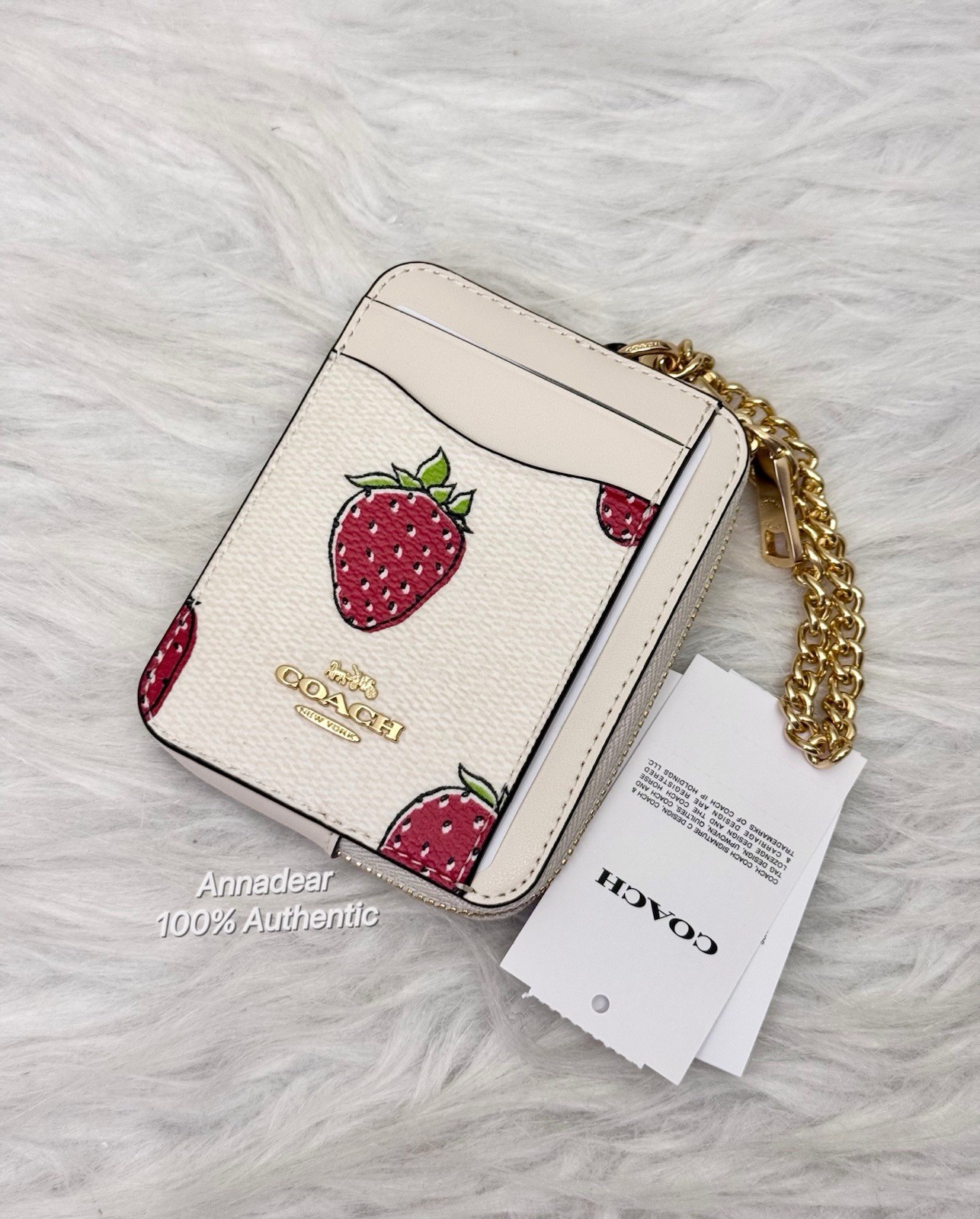 Coach CAR32 Zip Card Case With Strawberry Print NWT Chalk Multi