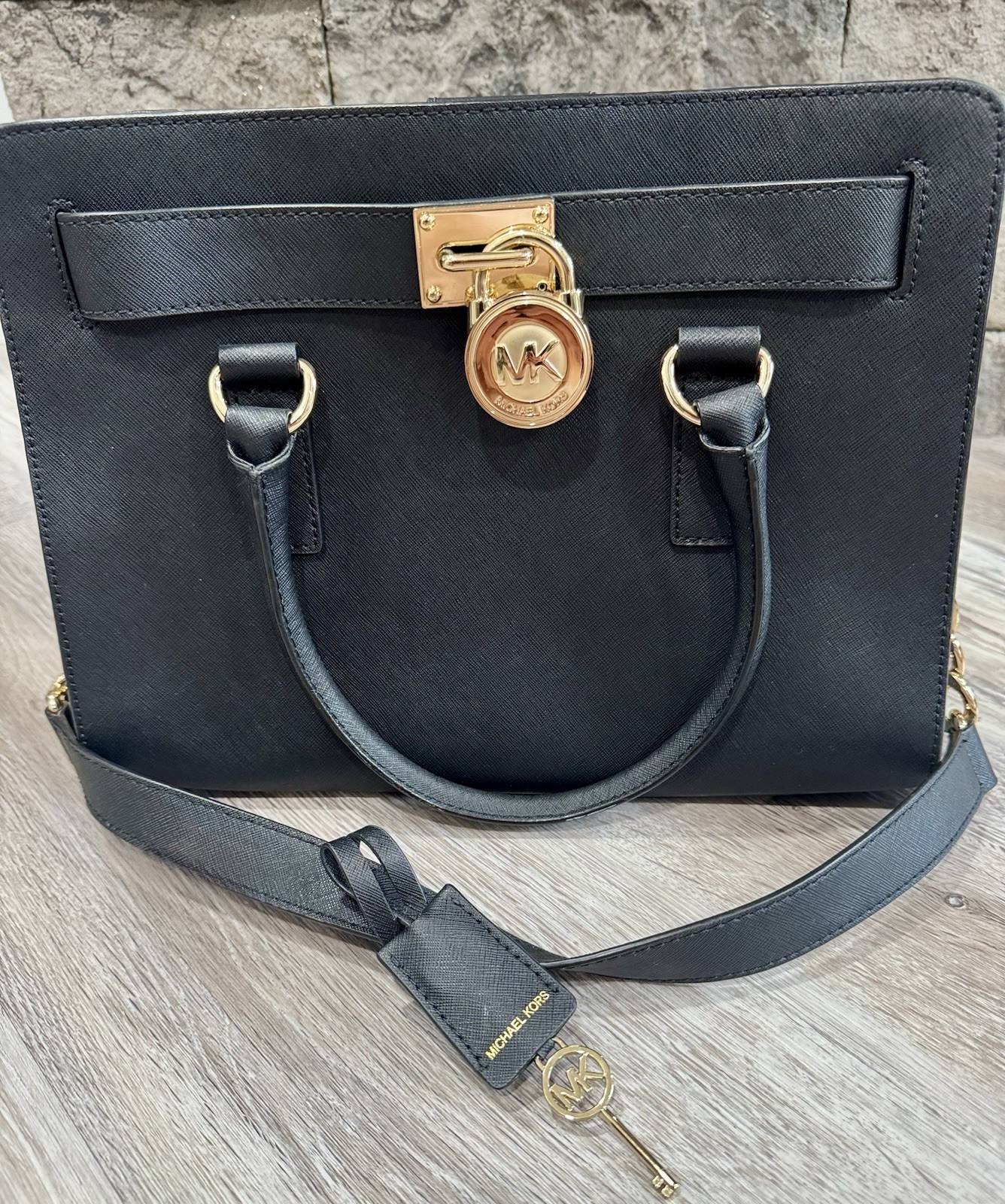 Michael Kors Black Medium Satchel Top Handle Bag Lock Key Gold Hardware Strap