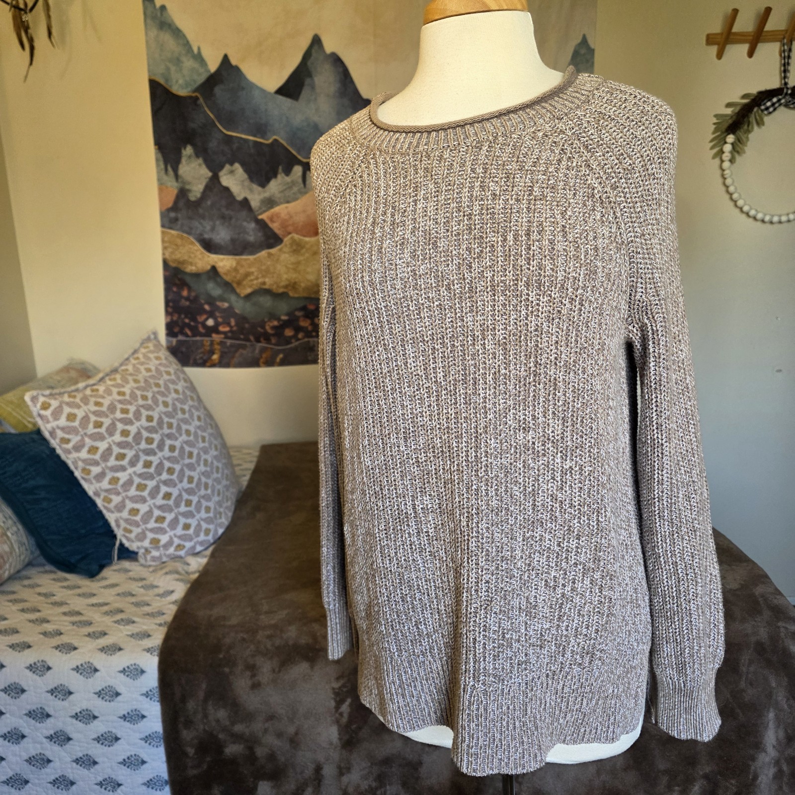 Ellen Tracy Oatmeal Marl Sweater Womens Small Ribbed Knit Cotton Pullover