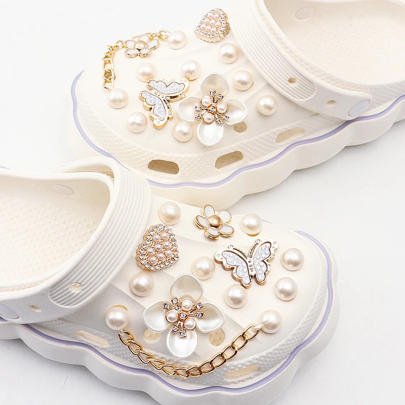 Pearl Shoe Charms Set Creative DIY Pink Shoe Flower Diamond Butterfly Rhinestone