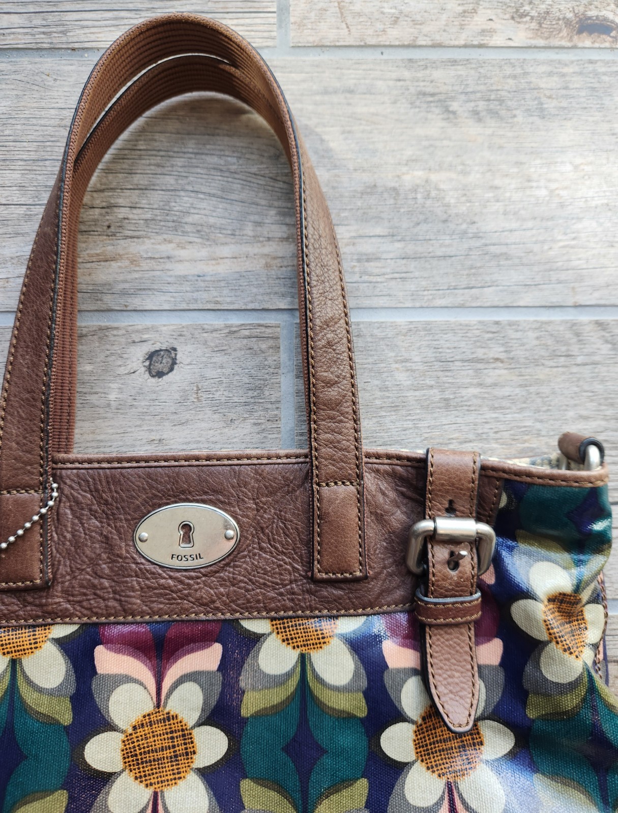 Vtg Fossil Tote Key Per Leather Coated Canvas Floral Hand Shoulder Bag Purse EUC