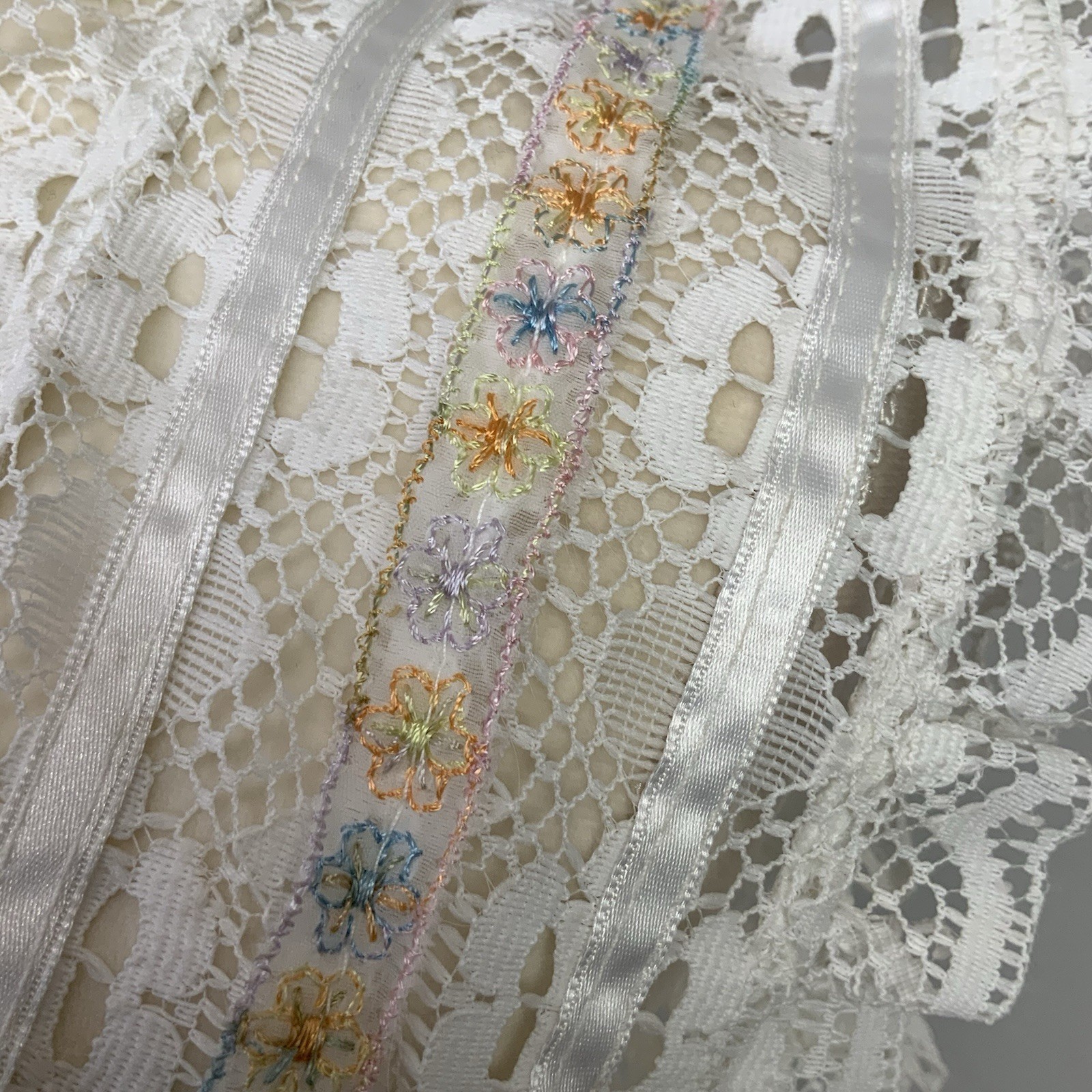 VTG White Prairie Lace Ribbon Ruffle Sheer Cottagecore Midi Dress Romantic