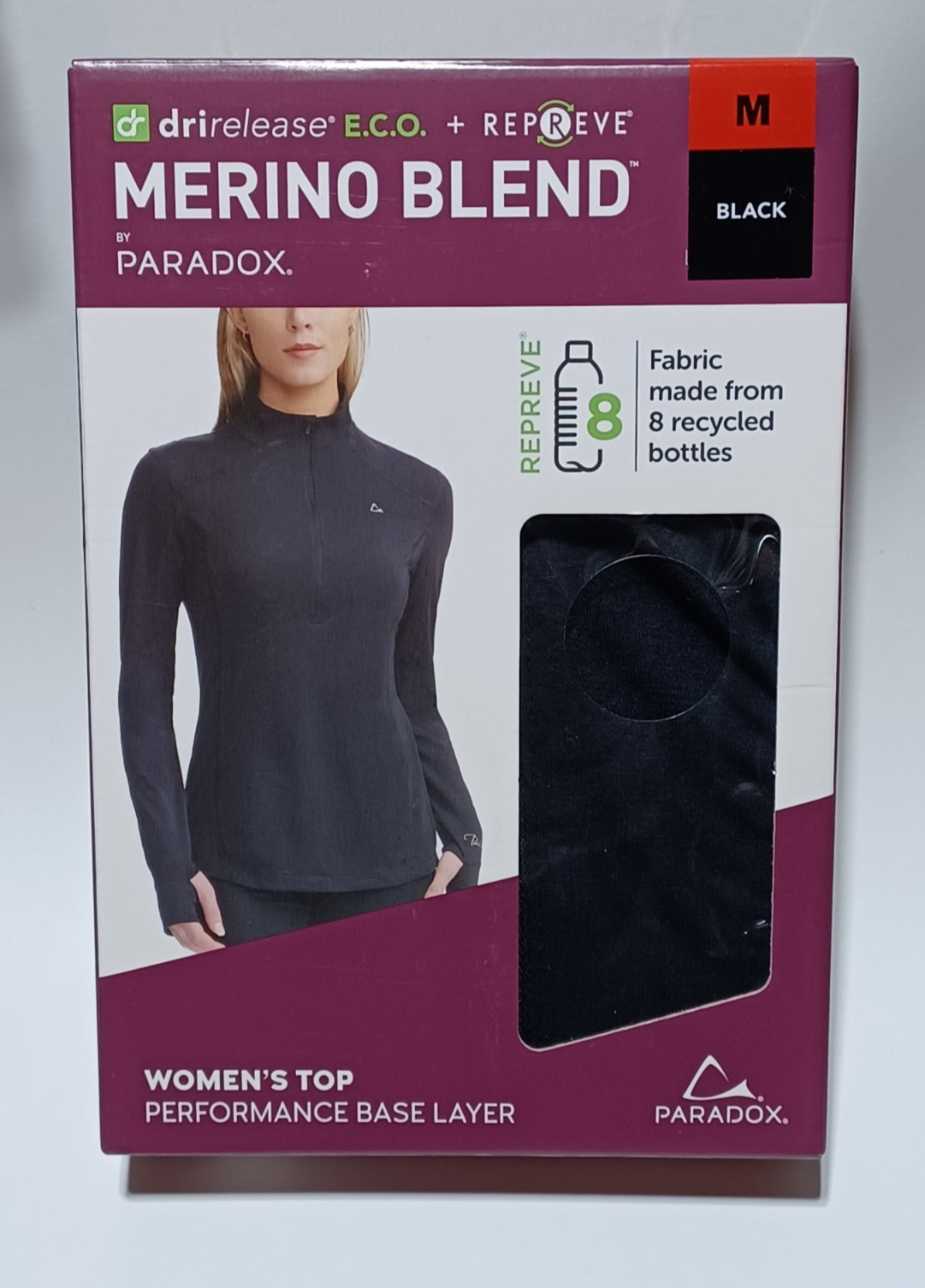 Paradox Merino Wool Blend Performance Base Layer Top Pick Size S M Black Purple