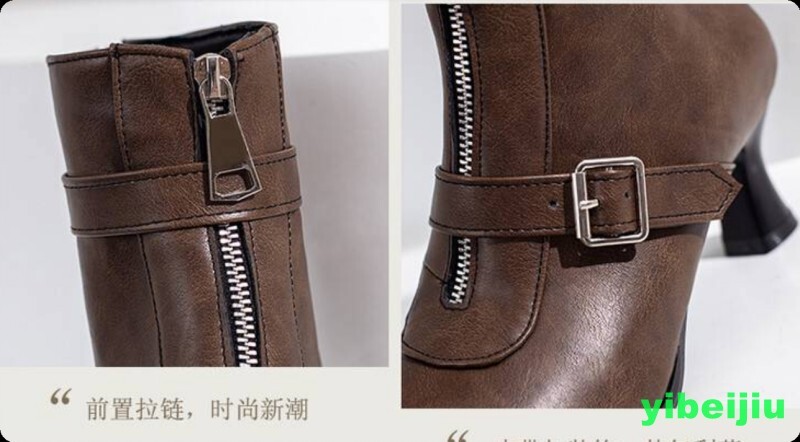 Belt Women’s Kitten Mid Heel Front Zipper Ankle Boots Shoes Cowgirl Denim Retro