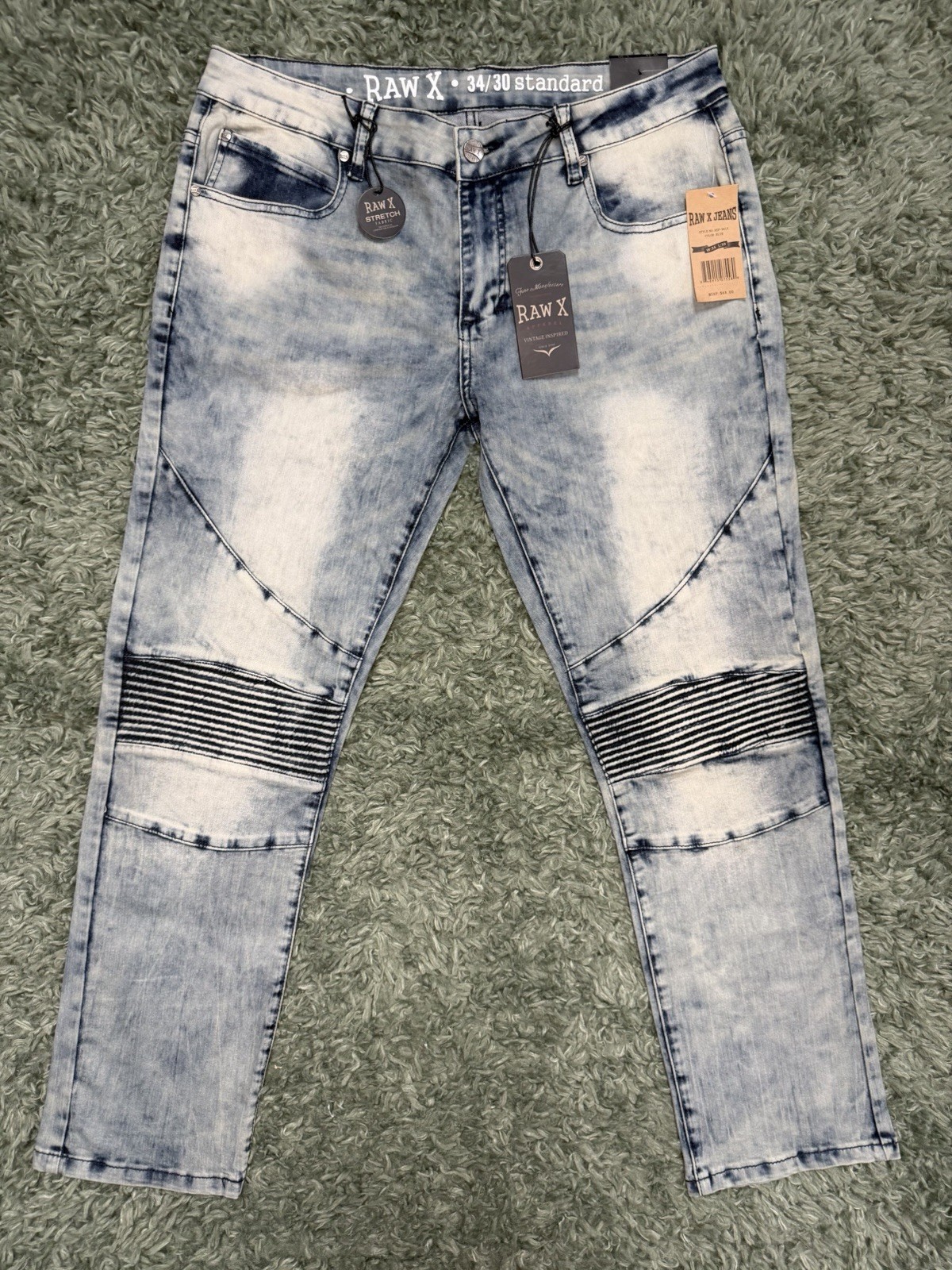 NWT Raw X Moto Jeans Men 34×30 Stretch Acid Wash Biker Blue Ribbed Panel Denim