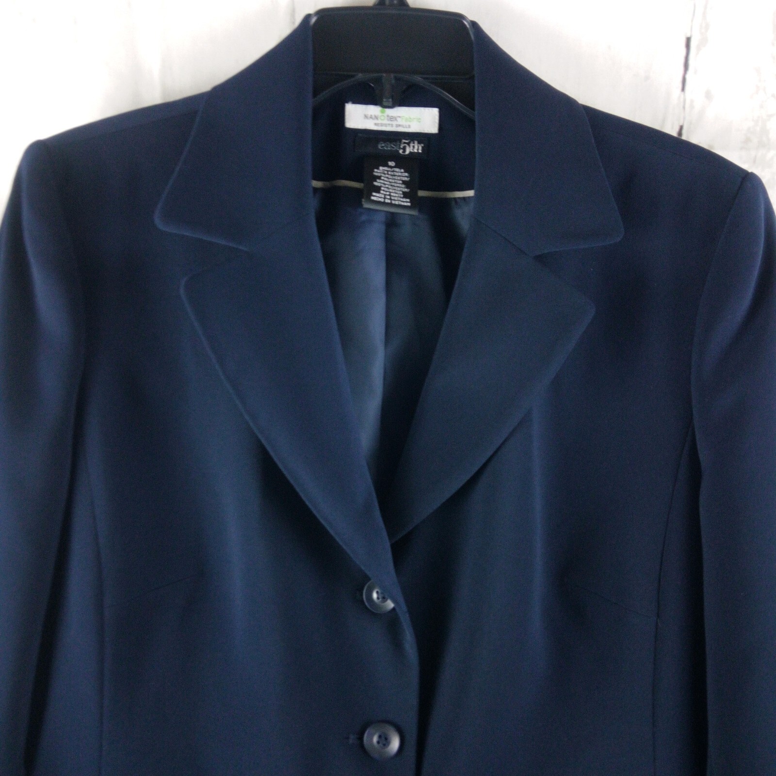 East 5th NanoTex Fabric Womens Size 10 Blue 3 Button Lined Suit Blazer Jacket