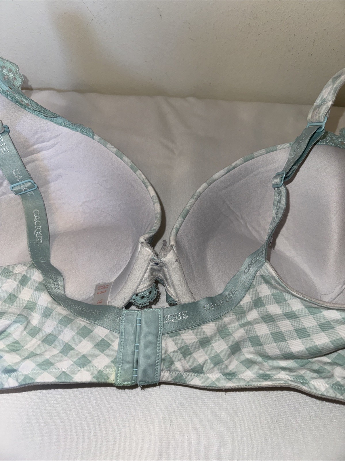 Cacique 40DD Boost Plunge Bra Turquoise And White Lace Gingham Strap