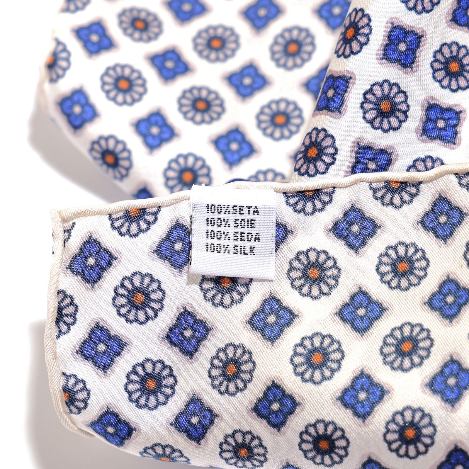 Men’s 100% Silk White Blue Micro Floral Pocket Square Hand Rolled Wedding 11.8″