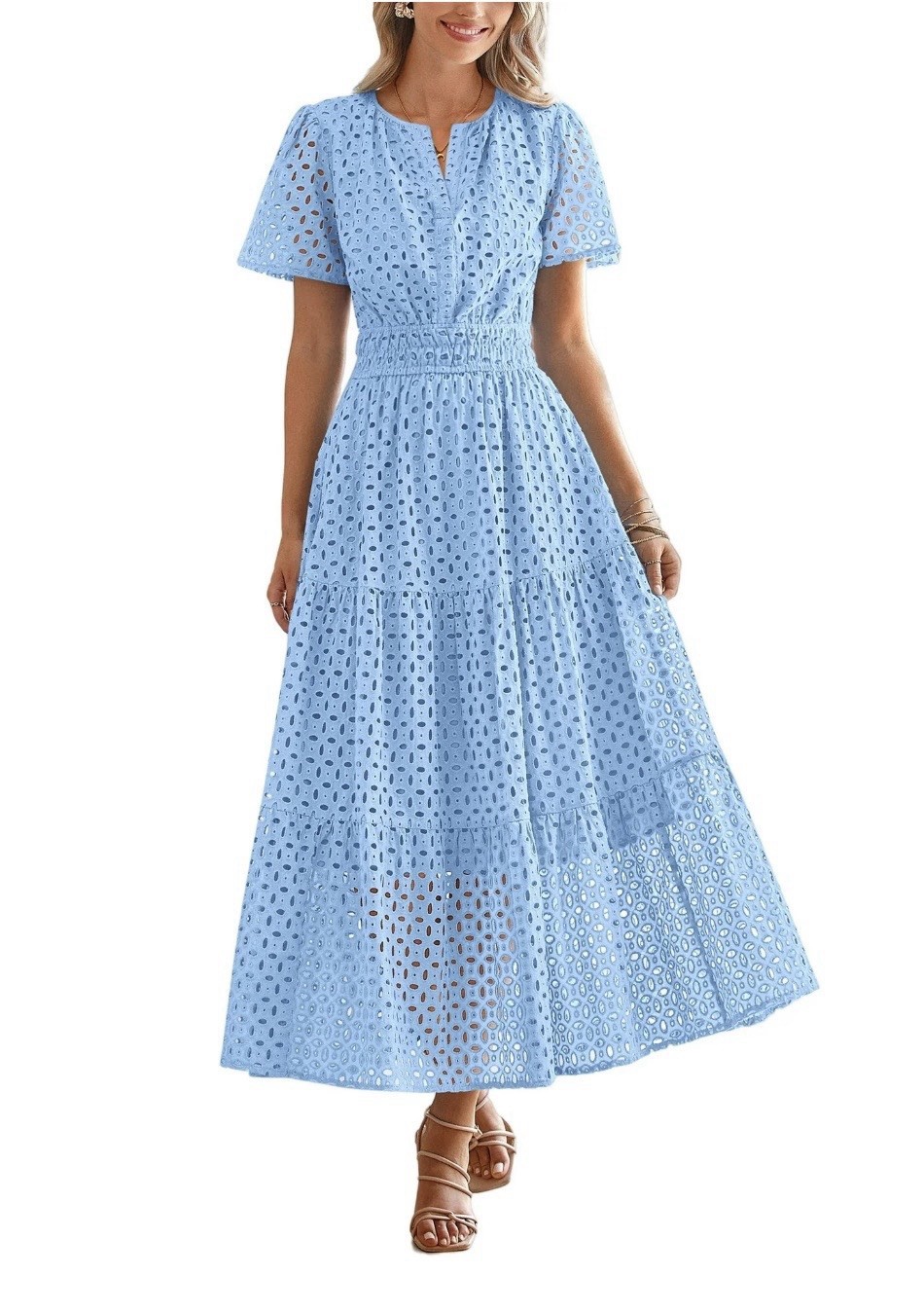 PrettyGarden Blue Eyelet Lace Mini Dress Womens M A-Line V-Neck Summer Boho NWT