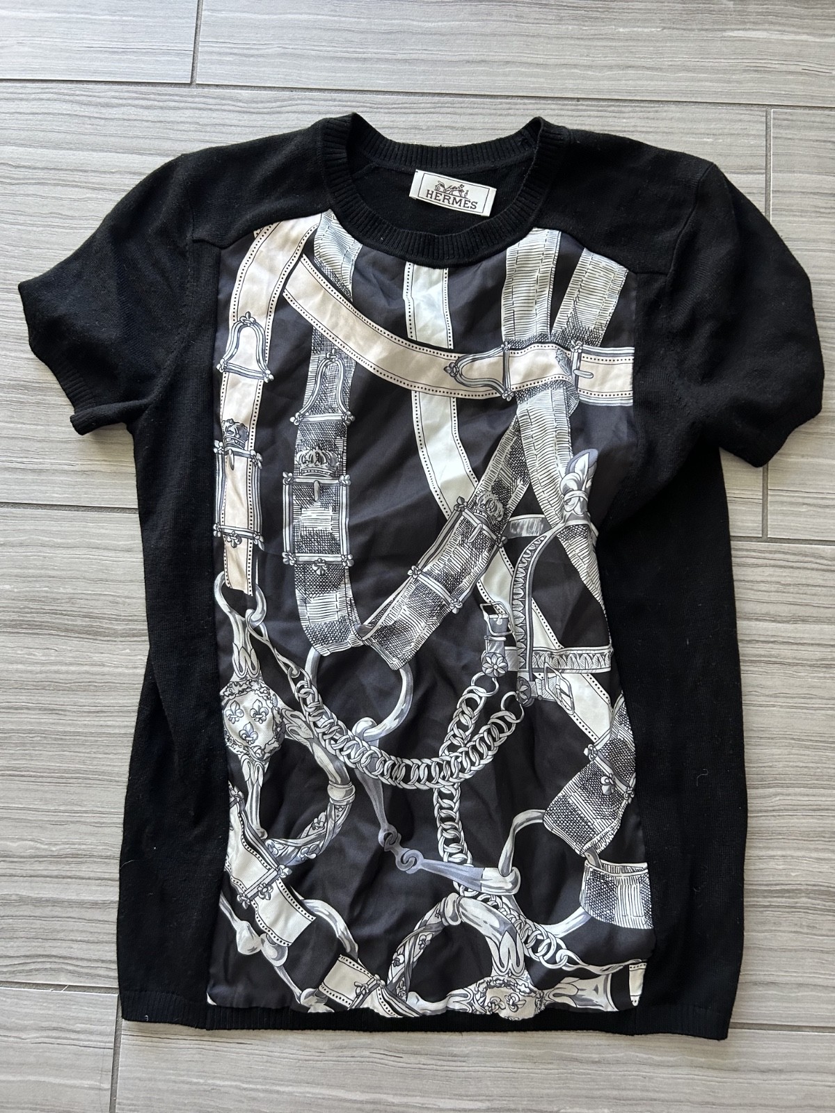 Designer Silk Cashmere Chain Print Short Sleeve Sweater Top Black Size 36