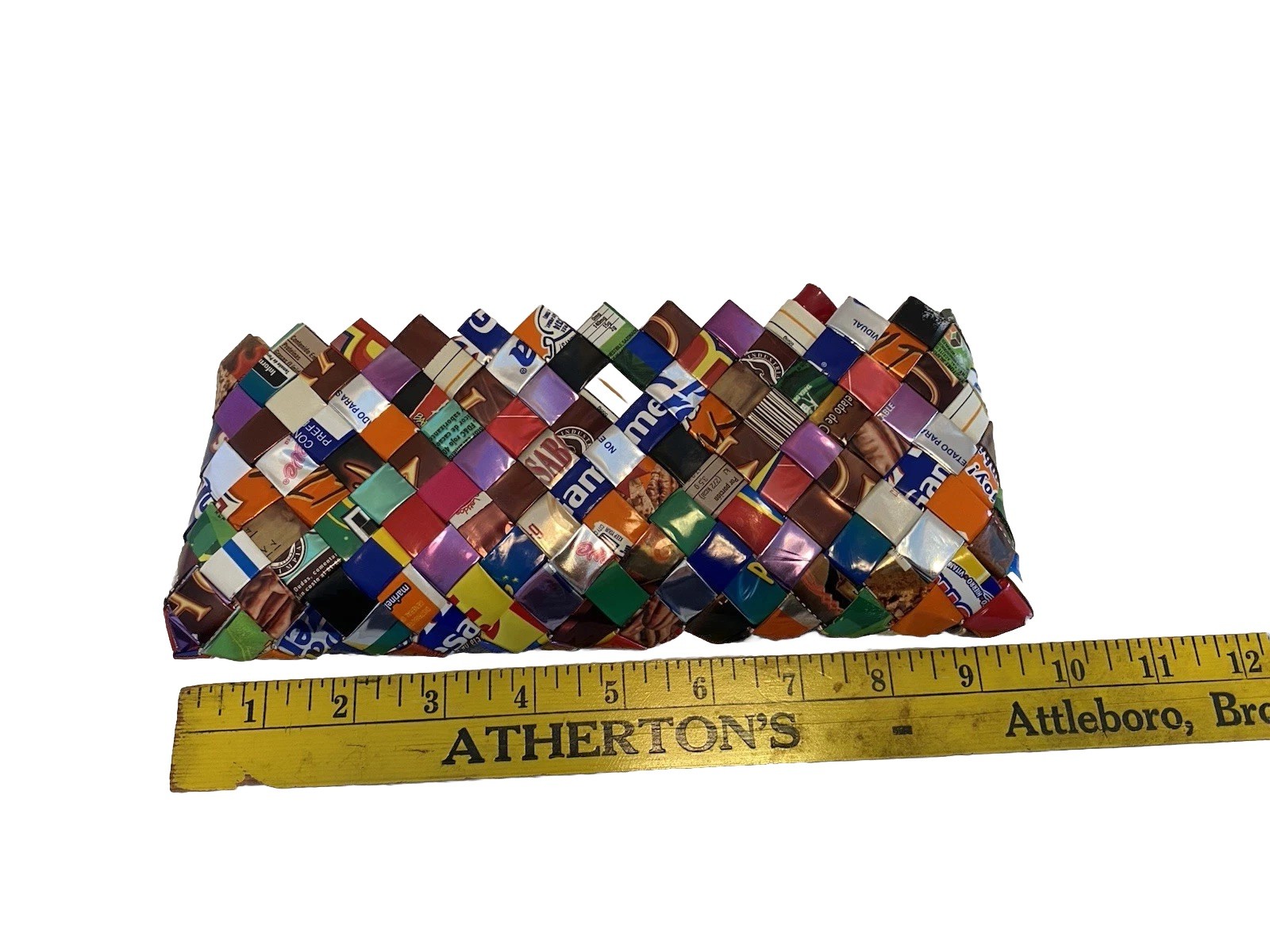 Nahui Ollin Candy Gum Wrapper Woven Purse Zip Closure Recycled Retro Artsy EUC